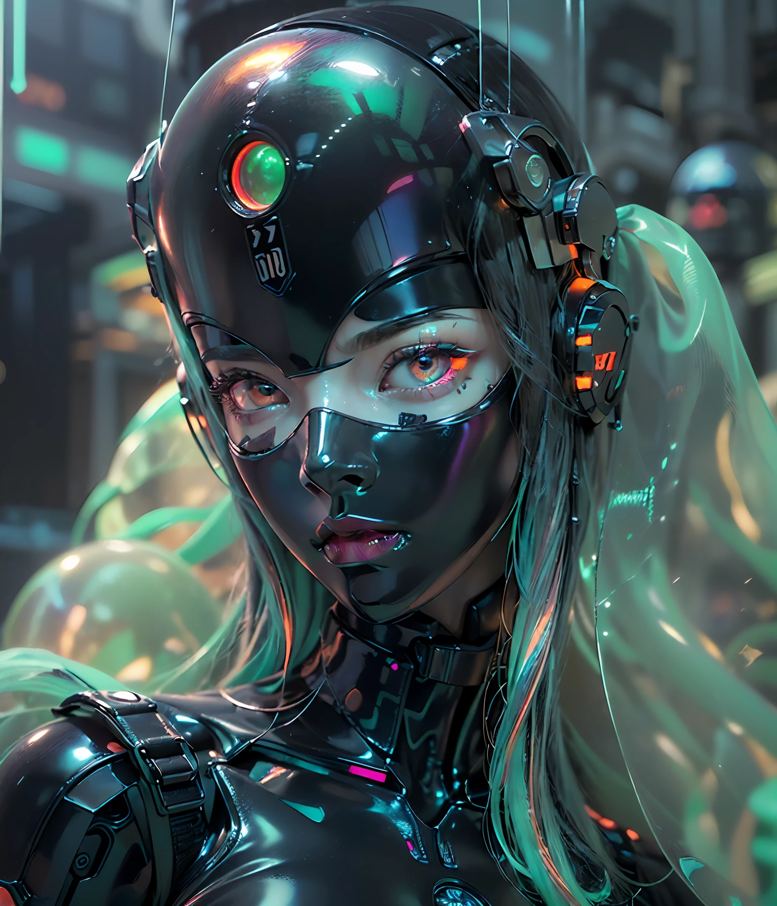 (((Perfect Portrait shot of Girl))), ((extremely long flowing curly fluorescent cyberpunk hair)), best image quality, masterpiece, super high resolution, (fidelity:1.4), photo, (((1 girl))) dim, darkness, movie, (translucent futuristic black outfit and clothes:1.5), (translucent clothes:1.4), ((cyberpunk)), cyber gear, ((robot)), apocalypse, futuristic, (((overly large hanging breasts))), ((perfect and sharp facial features)), ((portrait)), (((dynamic shot))), ((perfect body)), ((award winning super realistic photo)), (((extremely tight reflective shiny translucent latex))), textured pastel color background, colourful, vibrant, ((gorgeous perfect multicoloured reflective eyes)), (flying droids that are ball shaped)), ((soapy and bubbles))