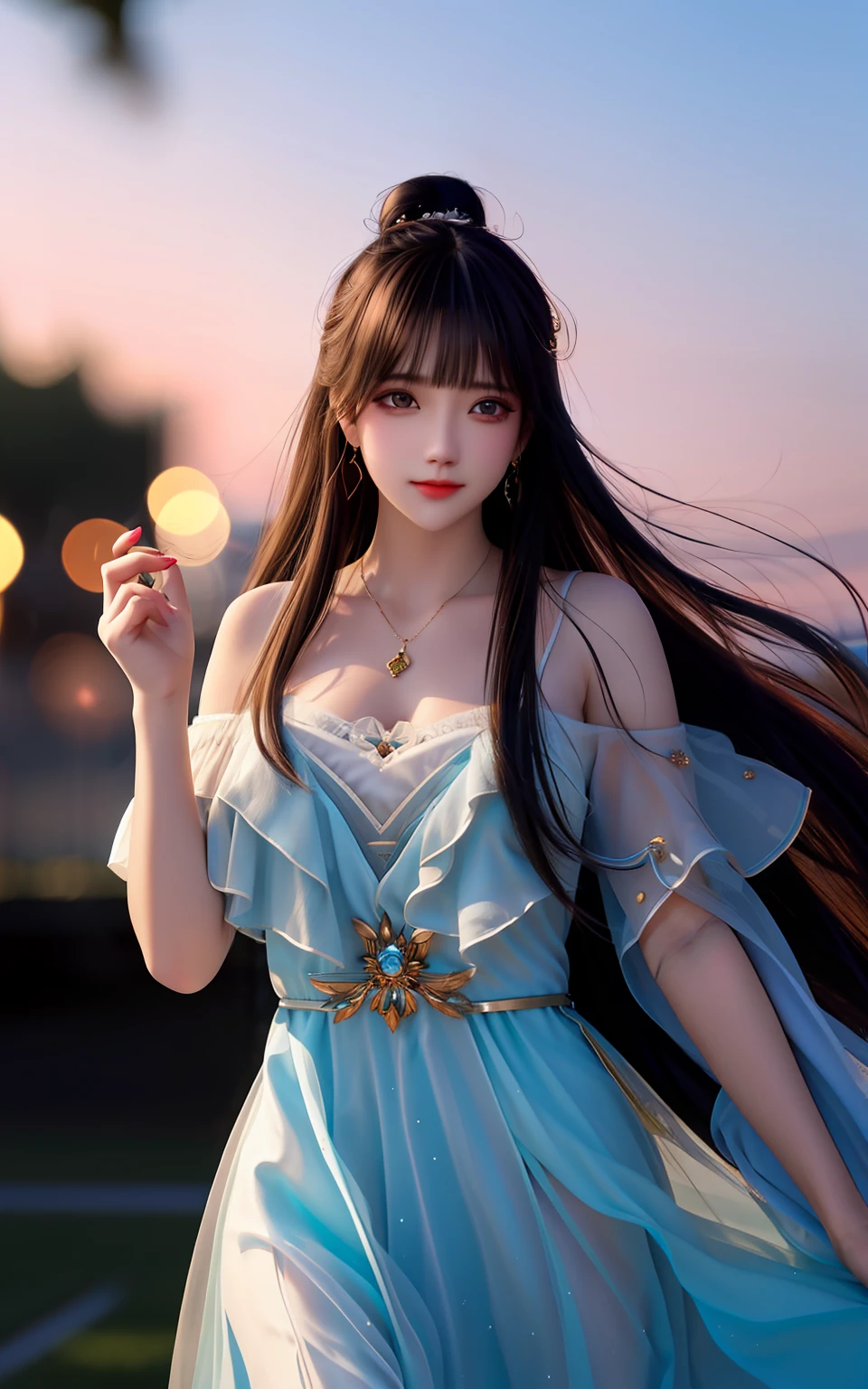 Best quality,tmasterpiece,A high resolution,CG,
1girll,long whitr hair,Leaking forehead,shift dresses,Eau,独奏,jewely,a blue dress,bare shoulders,耳Nipple Ring,hair adornments,spatter,The upper part of the body,hair-bun,brunette color hair,wind
illuminating,Frankness,photore,A high resolution,4K,8K,Bokeh,
