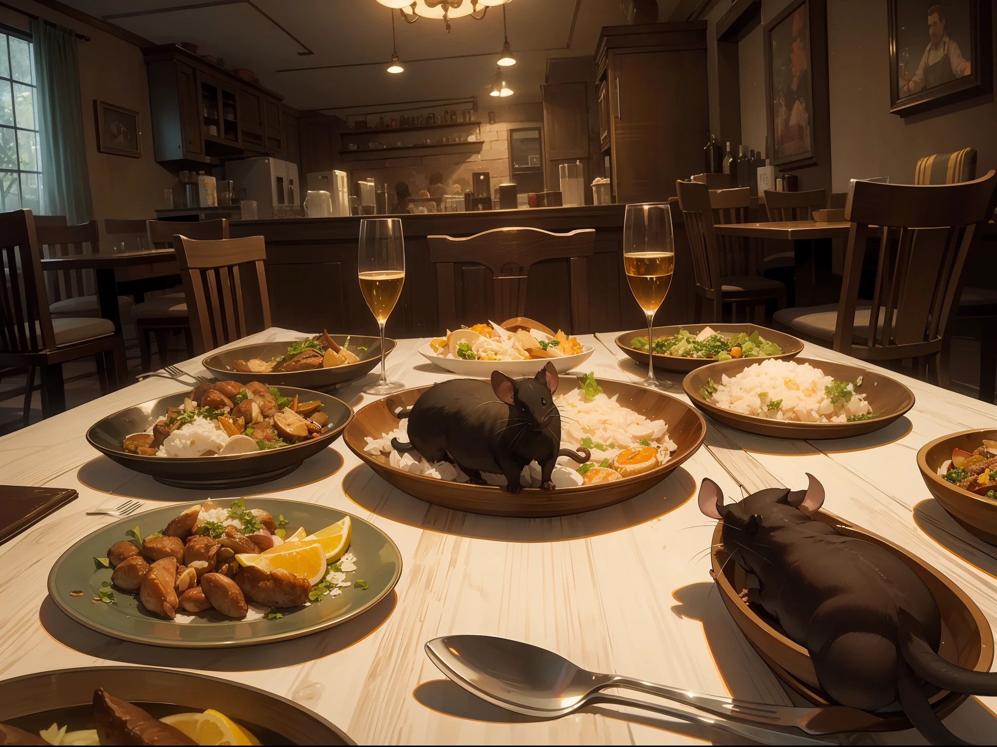 Masterpiece, Best quality, A group of rats eating food on the table,Back photo,Realisticstyle,In a shabby room,Inside the restaurant,