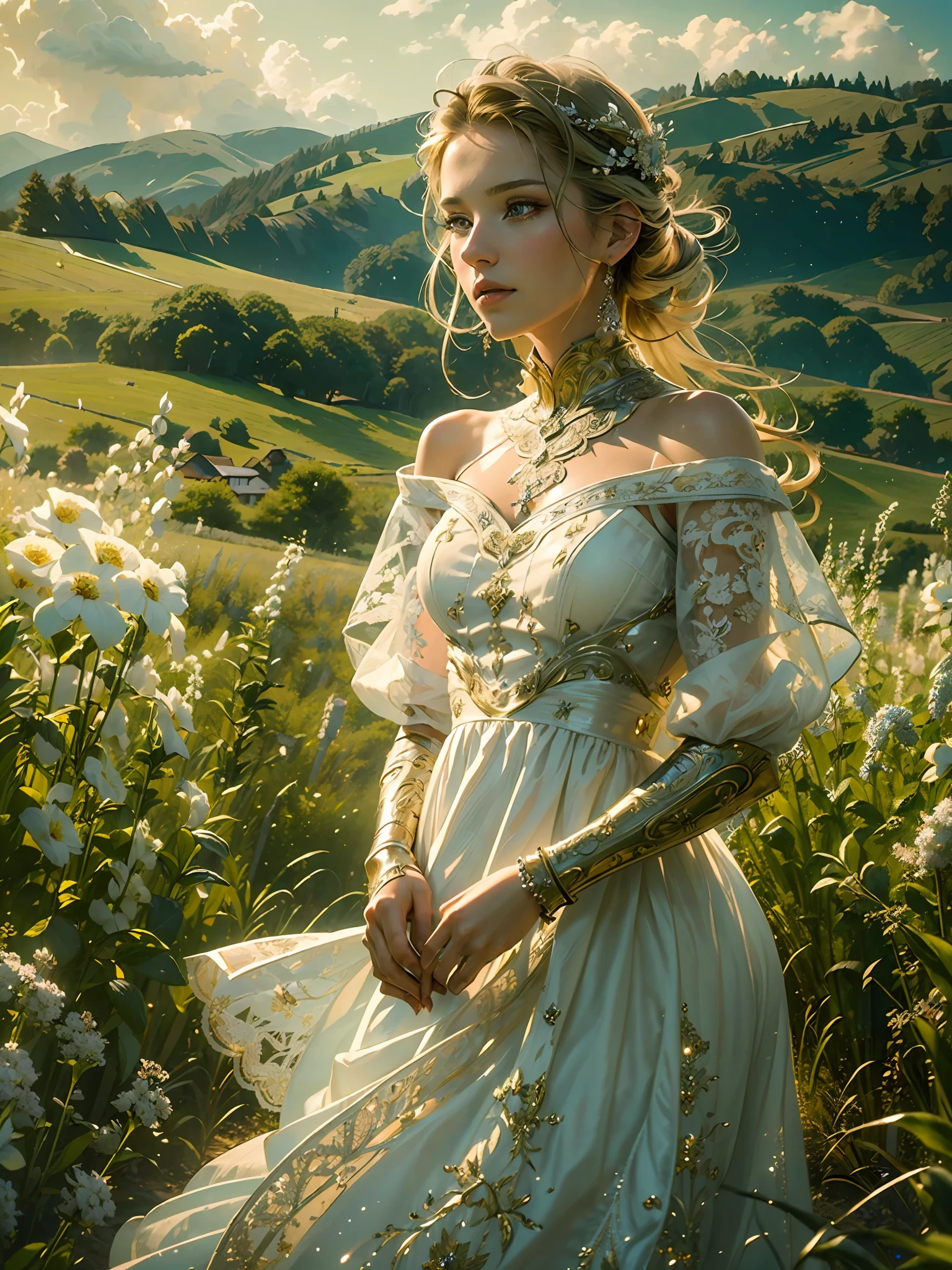 (masterpiece), (best quality), ((ultra-detailed)), (hyperrealistic), (highly detailed photo), cinematic lighting, photorealistic, extremely beautiful young lady in European countryside, intricate detailed white dress, shining, gloss, crisp, flirty, epic, focus, high contrast, artistic, scenic