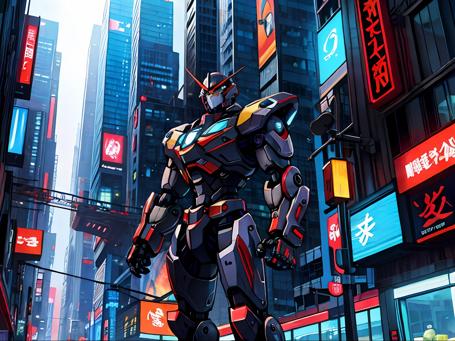 Masterpiece anime cyberpunk cityscape with robots and flying ships