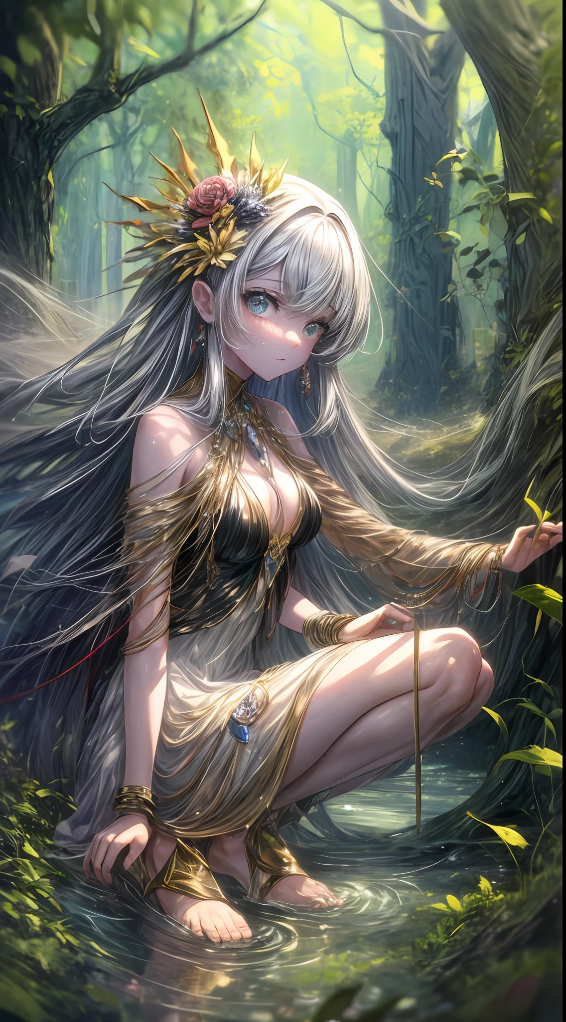 Amidst the tranquil woodland, a beguiling forest nymph known as Seraphine enchants all who venture near. Her ethereal form is a tapestry of nature's hues – her skin a delicate shade of mossy green, her hair a cascade of vibrant leaves that shimmer like autumn's brilliance. Eyes the color of deep forest pools glint with curiosity and ageless wisdom. her bare feet barely touching the forest floor. Radiating an aura of serene enchantment, She is a guardian of the woods, her very presence a soothing melody in the heart of nature.