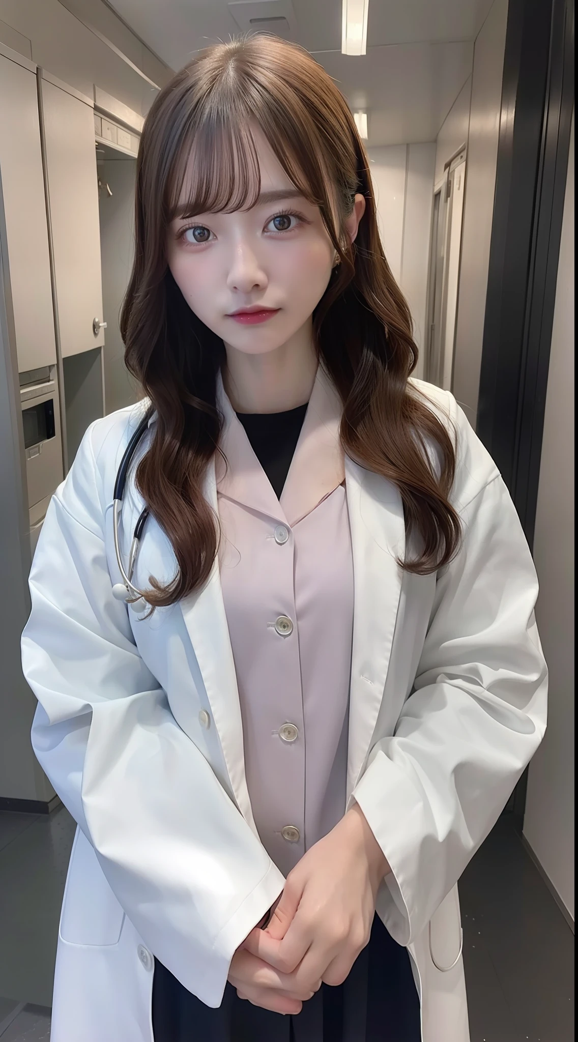 (8k, RAW Photo, Best Quality, Masterpiece: 1.2), (Realistic, Realistic: 1.37), Ultra High Resolution, Photon Mapping, Physically Based Rendering, 1 doctor girl, doctor coat, long curly hair, bangs, standing, hospital,