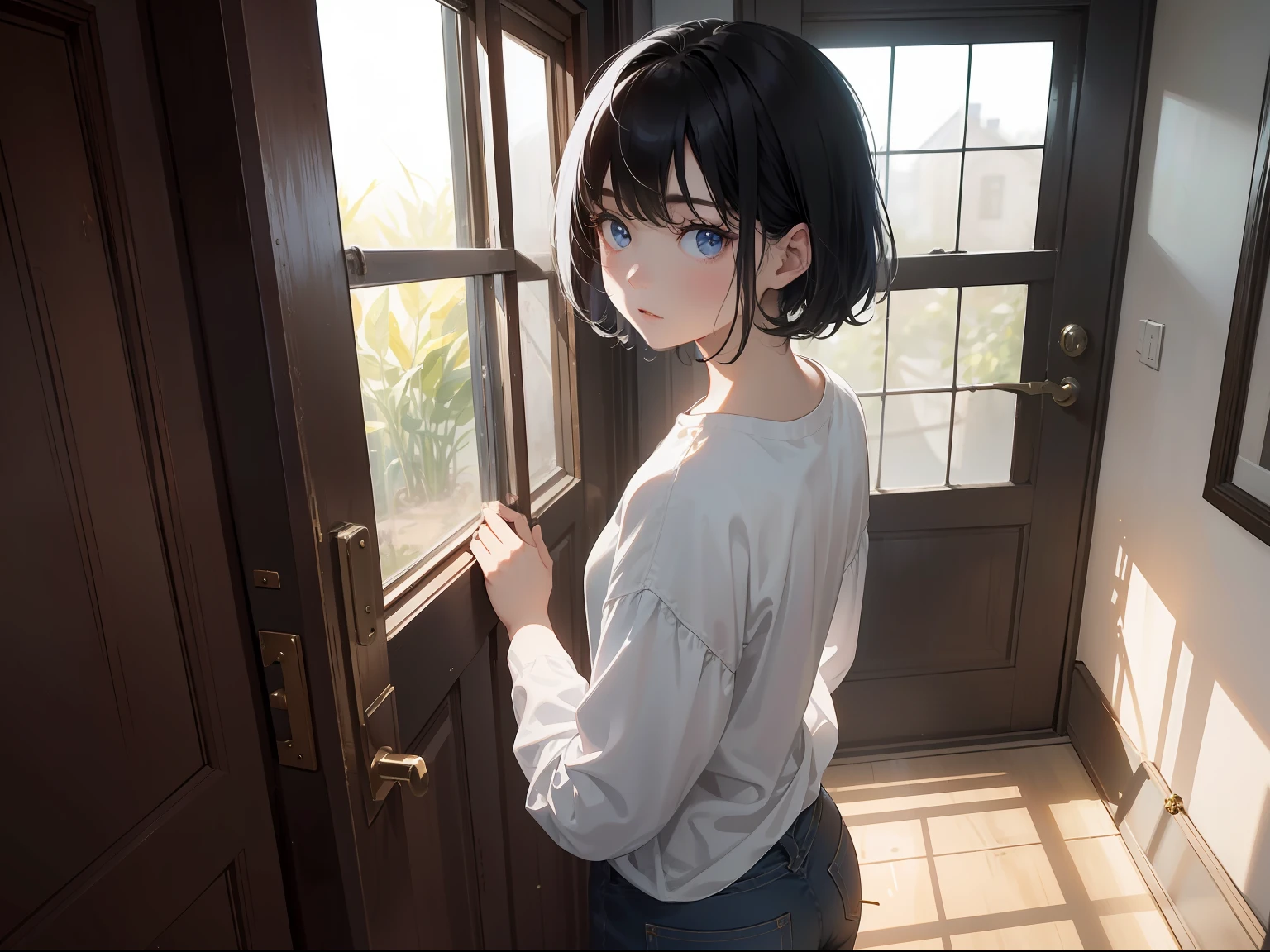 Masterpiece, Best quality, Outside the door，fire staff，There was 1 girl inside the door，with short black hair，White complexion、White T blue jeans,Back photo，Realisticstyle,In a shabby room,The light shone on the frightened side face of the girl;