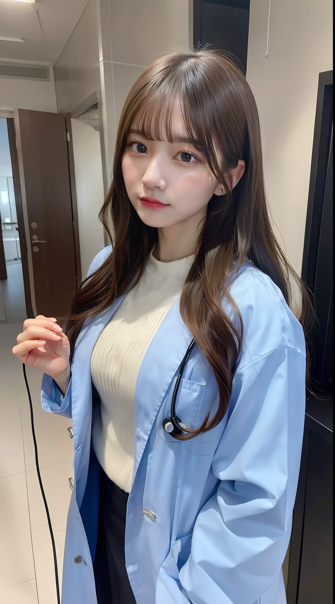 (8k, RAW Photo, Best Quality, Masterpiece: 1.2), (Realistic, Realistic: 1.37), Ultra High Resolution, Photon Mapping, Physically Based Rendering, 1 doctor girl, doctor coat, long curly hair, bangs, standing, hospital,