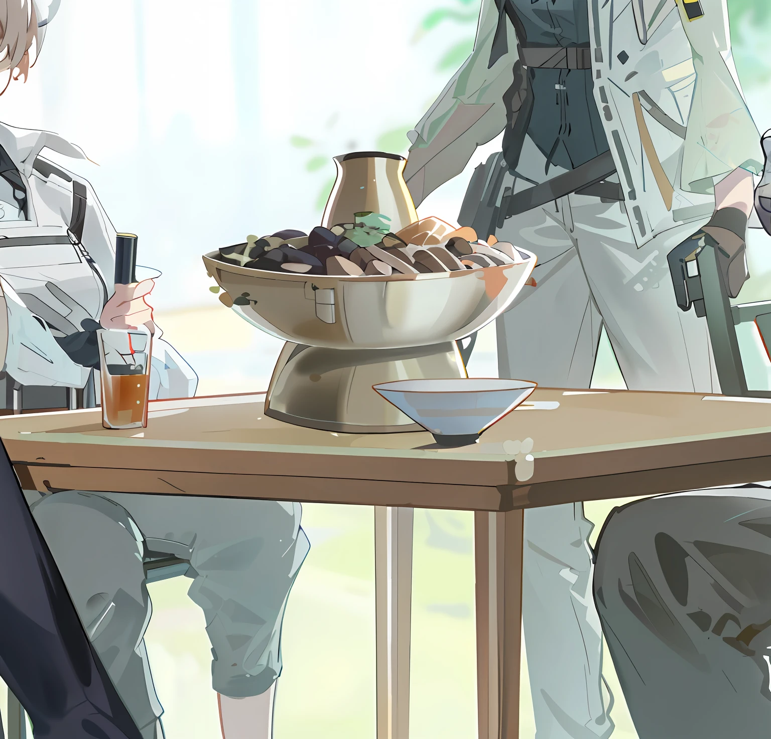 Anime characters sit at tables drinking drinks and food, from girls frontline, Relaxing concept art, girls frontline style, Fine details. Girl Front, highly detailed exquisite fanart, strange ingredients on the table, immensely detailed scene, Detailed fanart, From Arknights, highly detailed scenario, Best anime 4k konachan wallpaper, Guviz-style artwork