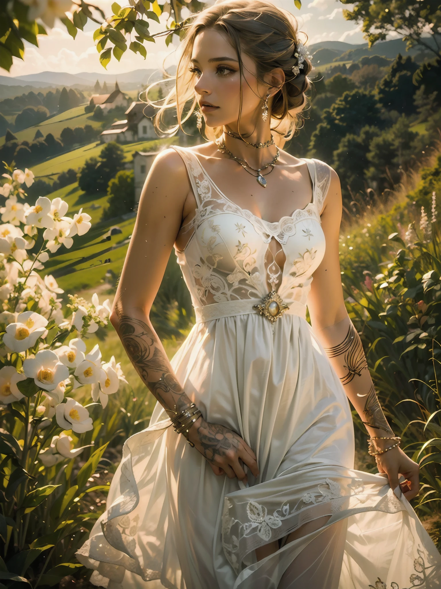 (masterpiece), (best quality), ((ultra-detailed)), (hyperrealistic), (highly detailed photo), cinematic lighting, photorealistic, extremely beautiful young lady in European countryside, intricate detailed white dress, shining, gloss, crisp, flirty, epic, focus, high contrast, artistic, scenic