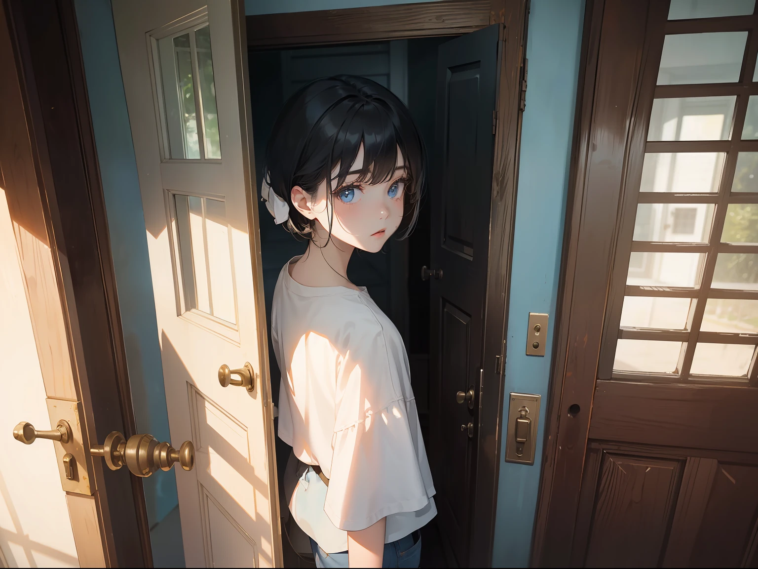 Masterpiece, Best quality, Outside the door,fire staff,There was 1 girl inside the door,with short black hair,White complexion、White T blue jeans,Back photo,Realisticstyle,In a shabby room,The light shone on the frightened side face of the girl;