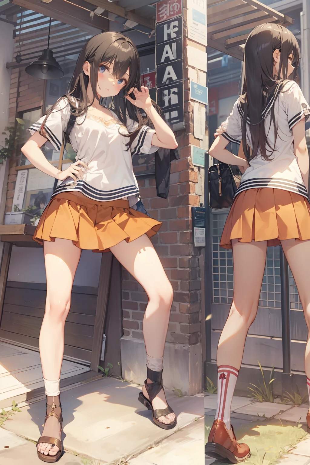 top-quality、Slender beauty、straight haired、knee high、hi-school girl、summer clothing、Ultra mini skirt、Underpants、Panchira、Put your hands on your hips、Niō Standing、Bangs short