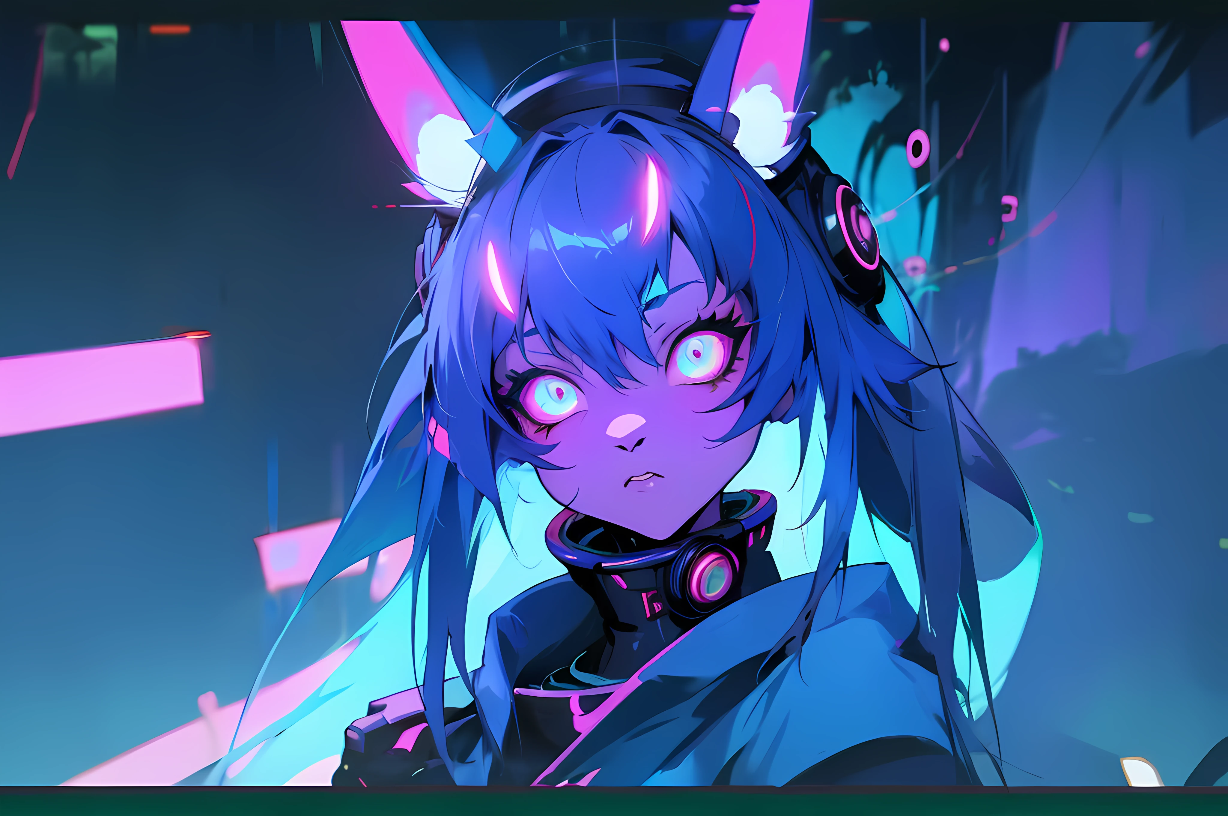 (vintage vhs), (crt screenshot), (Zen, Amy Sol style), (((blue anthro kemono furry rabbit))), underground cavern shining flashlight in old ruins, scene from a show about a blue anthro furry kemono rabbit who investigates deep space crime, (vast decrepit scenery:1.2) blame! style, nightmarish illustration, glowing eyes everywhere, intense eye contact, hybrid human / anthro, electrixbunny, rabbit anthro portrait, ((portrait)), bunnypunk, weirdcore voidpunk fursona, wearing bunny ears, cover art with light abstraction, abstract, simple vector art, contemporary Cybernetic art, color gradients, soft color palettes, layered forms, whimsical animation, style Ethereal abstract, 4K, , anime character with futuristic hair and glowing eyes in a dark room, digital cyberpunk anime art, anime style 4 k, digital cyberpunk - anime art, anime mecha aesthetic, digital cyberpunk anime!!, anime cyberpunk art, fully robotic!! catgirl, hyper concept art, cyberpunk anime girl mech, portrait anime space cadet girl, wearing cybernetic bunny ears , anime character with futuristic hair and glowing eyes in a dark room, digital cyberpunk anime art, anime style 4 k, digital cyberpunk - anime art, anime mecha aesthetic, digital cyberpunk anime!!, anime cyberpunk art, fully robotic!! catgirl, hyper concept art, cyberpunk anime girl mech, portrait anime space cadet girl, wearing cybernetic bunny ears --v6
