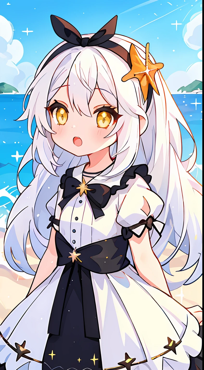 One Girl、white  hair、Twin-tailed、black ribbon on the head、yellow  eyes、white sundress、sea side、Glitter、kirakira、beautidful eyes、Beautiful eyes、​masterpiece、Top image quality、top-quality、double tooth、cute little