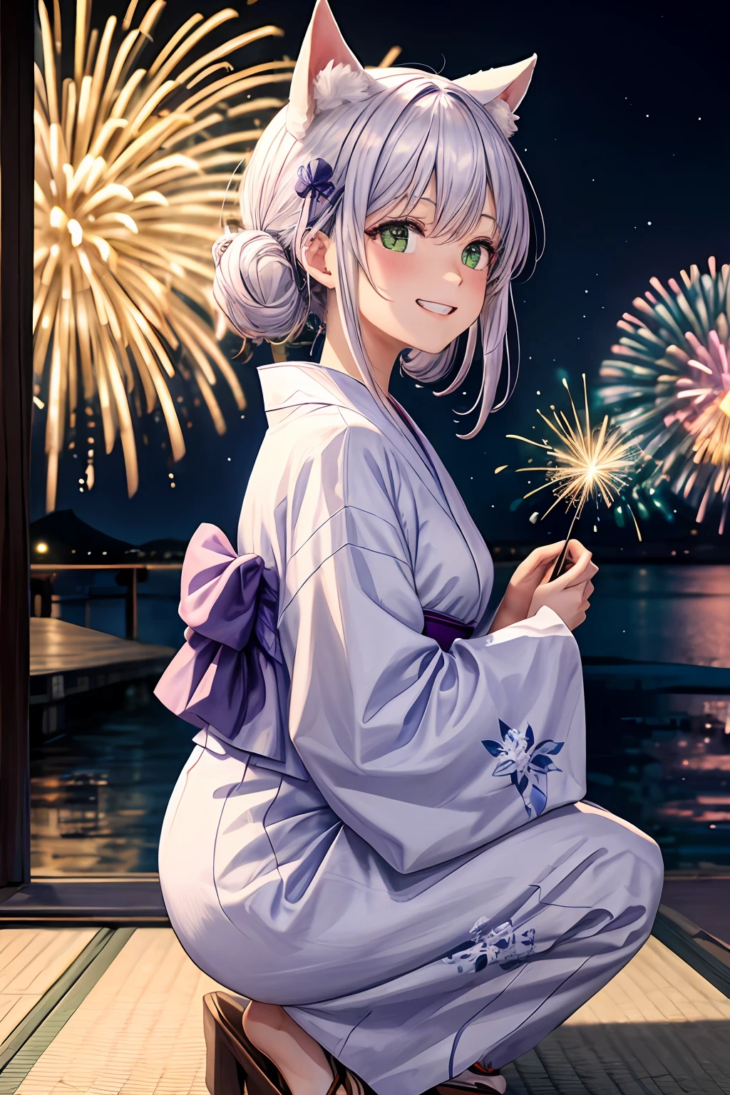 (best quality)++,(masterpiece)++,(ultra detailed)++,(highres)++,(anime screencap)++,production art,((Add layer)),full body,from side,1girl,solo,summer,fireworks,fireworks festival,kyoto,delicate face,look up,blush, grin,white fur ear,white purple hair,green eyes,blue floral yukata,geta,hand on chest,