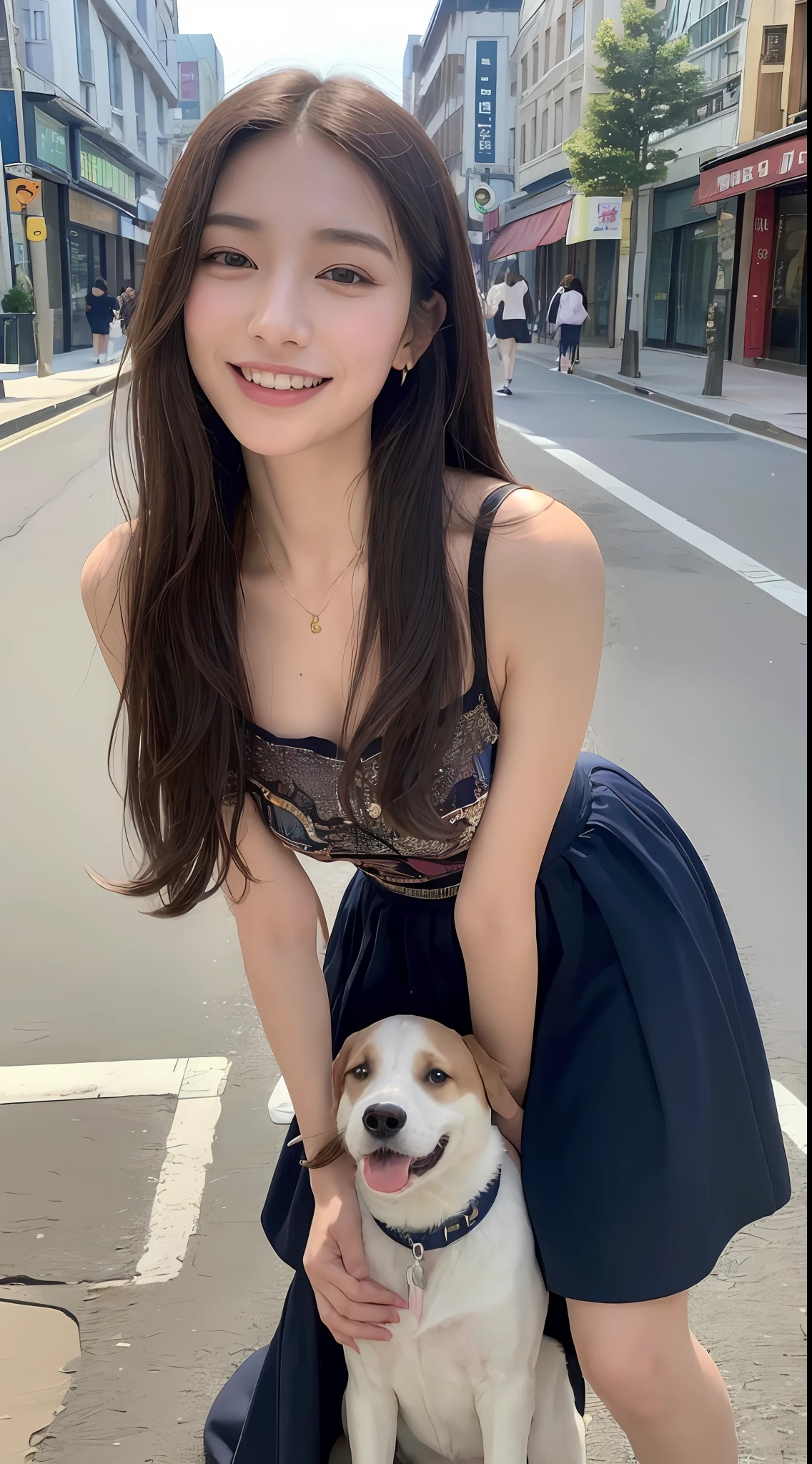((top-quality、8k、masterpiece:1.3))、1girl in、a smile、full bodyesbian、Slim Faces、Pretty women、(dark brown hair)、Full-length dresses:1.1、hyperdetailed face、A detailed eye、二重まぶた、blured background、Slim Faces、城市、takeout、a street、Being with a dog:1.3、Interaction with dogs、