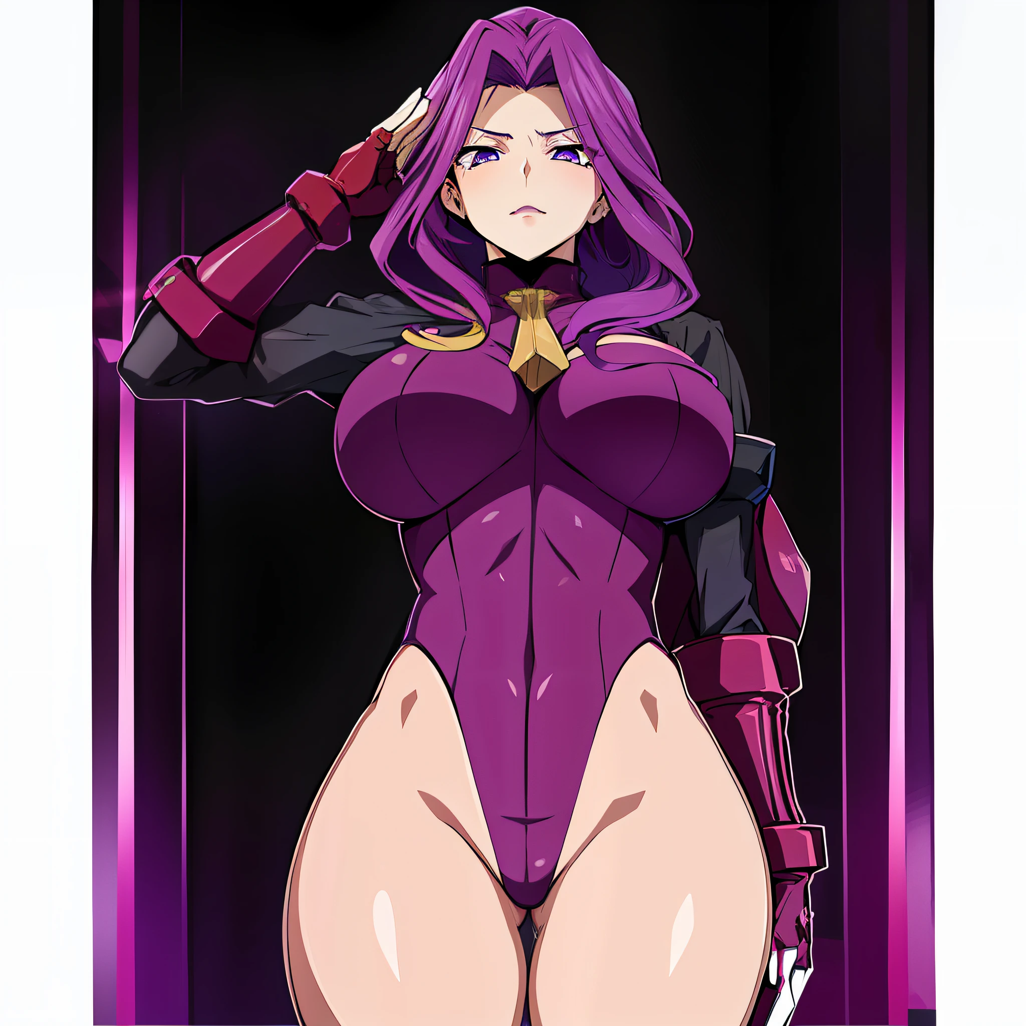 Cornelia_li_Britannia, 1girl, big_breasts, purple_eyes, (lipstick:.9), (makeup:.8), dollsuit, standing_at_attention, saluting, thicc