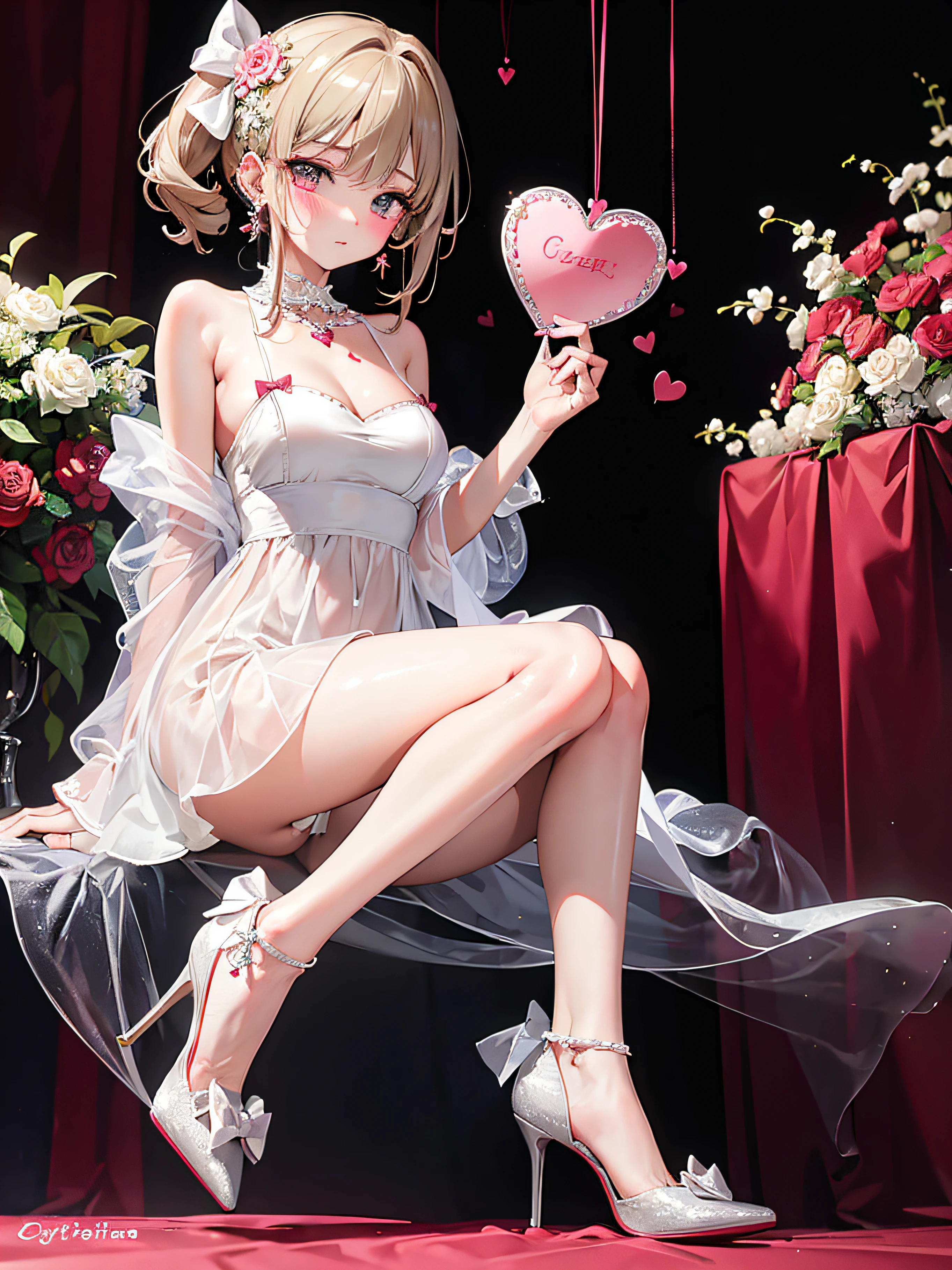 (masterpiece), (best quality),
make up, blush, earring, heart, high heels, 1girl, flower, bow,