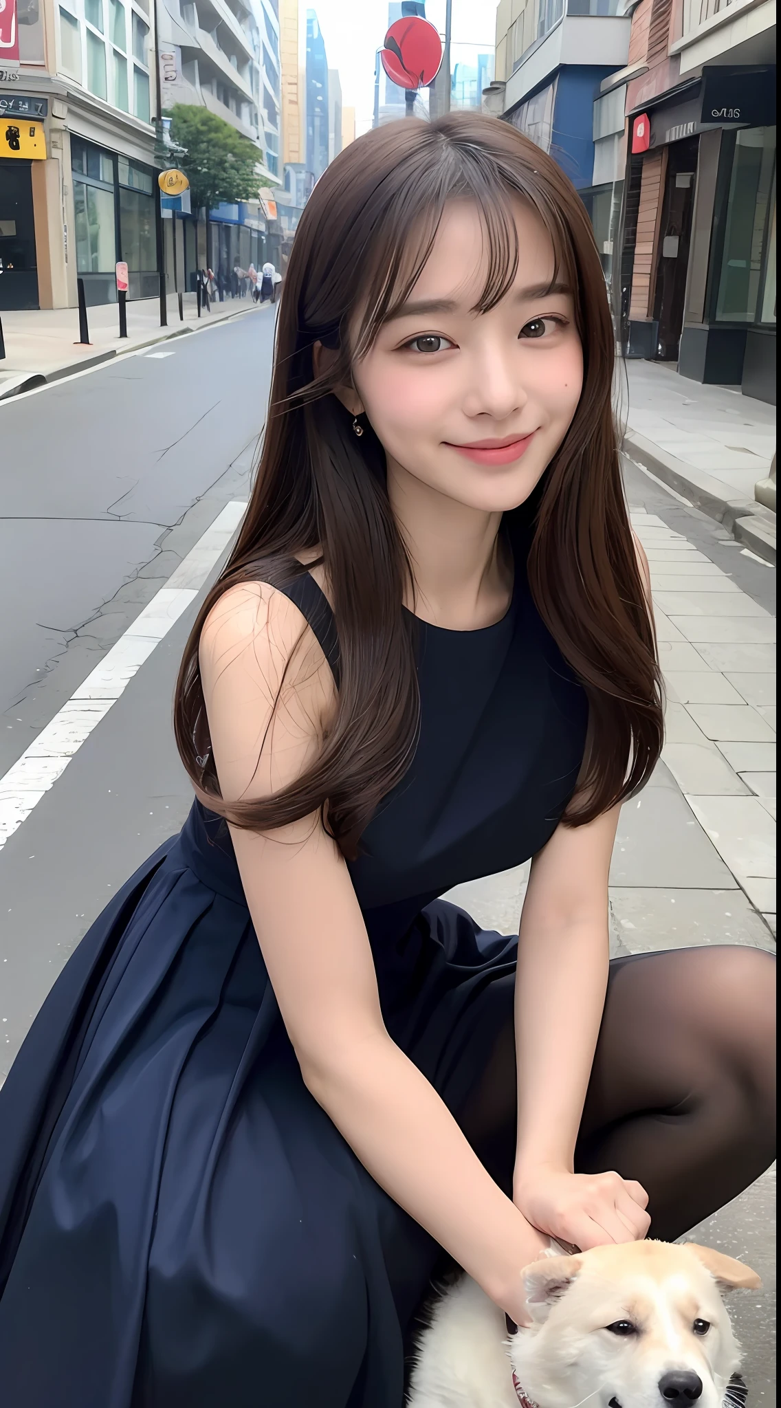 ((top-quality、8k、​masterpiece:1.3))、1girl in、a smile、full bodyesbian、Slim Faces、Pretty women、(dark brown  hair)、Full-length dresses:1.1、hyperdetailed face、A detailed eye、二重まぶた、blured background、Slim Faces、城市、takeout、a street、Being with a dog:1.3、Interaction with dogs、