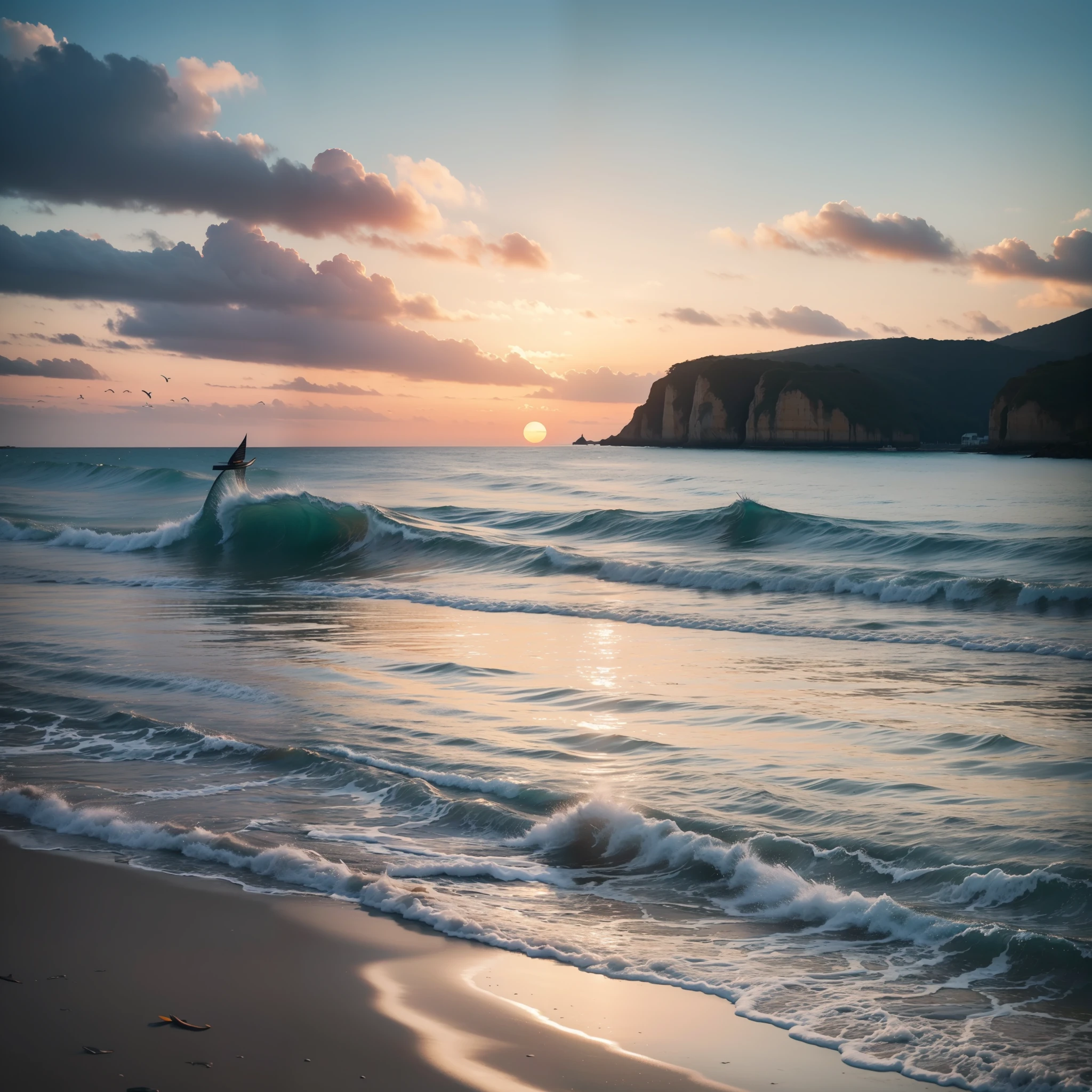 ((masterpiece)), (realistic), (sunset:1.2), (seascape:1.2), (colorful sky), (seagulls:1.1), (beach:1.1), (waves:1.1), (rocks:1.1), (boats:1.1), (reflection:1.2), (silhouette:1.2), (harbor:1.2), (peaceful:1.1), (serene:1.1), (tranquil:1.1), (calming:1.1), (harmonious:1.2),
The sun was setting over the horizon, painting the sky in a breathtaking array of colors. Shades of pink, orange, and yellow blended together to create a vibrant and colorful sky. Seagulls flew gracefully overhead, their wings casting shadows on the calm waters below. The beach was a peaceful and serene place, with waves gently lapping at the shore. Smooth rocks scattered along the coastline, providing a perfect spot for a quiet moment of reflection. Boats floated in the harbor, their masts creating silhouettes against the colorful sky. The reflection of the sky in the water created a harmonious and tranquil atmosphere. As the sun disappeared below the horizon, the sky turned darker, but the sense of calm remained, leaving a feeling of peacefulness and contentment.