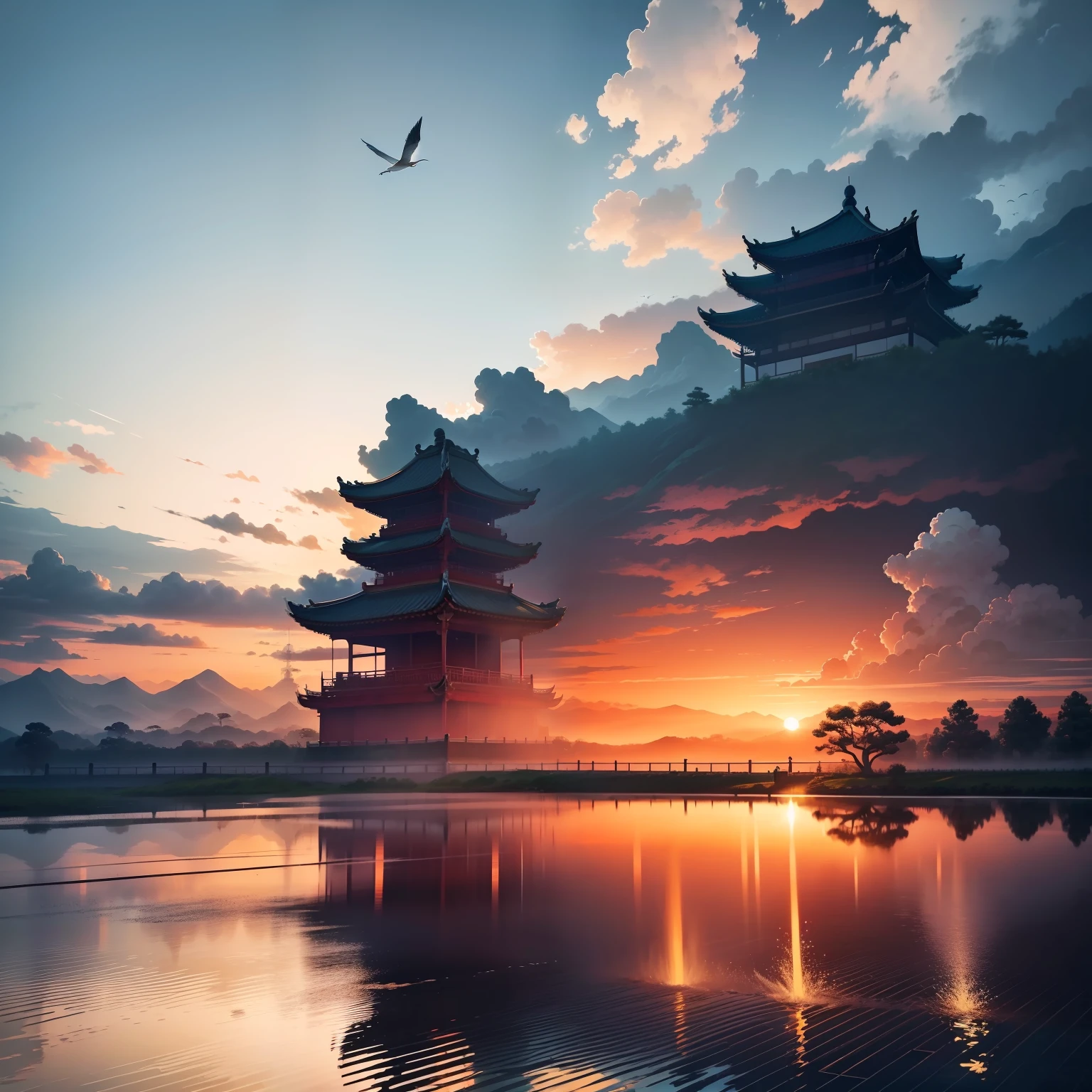 Sunset，The sunset and the solitary crane fly together，Cut across the sky。The sunset is like fire，Emits red light、de cor laranja、Rich yellow color。The lone crane flies high，Soar the sky alone，Show free、Tenacious spirit。Autumn water flows quietly，Blend in with the sky，There is a tranquility、Clear vision。The sky is the same，Merge sky and water with nature，Magnificent。Teng Wang Pavilion scene，A towering loft rises above the hilltop，It seems to be connected to the cloud。The attic consists of red walls and white tiles，Magnificent，Demonstrate prestige and power。The pavilion hangs ornate curtains，Flutter in the wind，It gives a casual feeling。King Teng's Pavilion is at the water's edge，The bird is a little lower