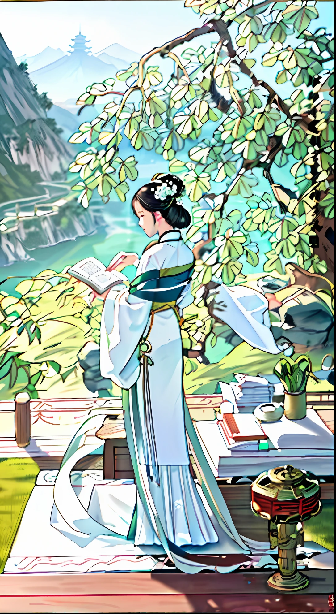 Best quality at best，High_Resolution，distinct_image，detailed back ground，，A girl reads a book with her back to the audience，Kizi，White Hanfu，florals，Hanfu dress，Streamers，A plant，Chinese style buildings，Rockery，railing，nerds，quill，censer，bamboos