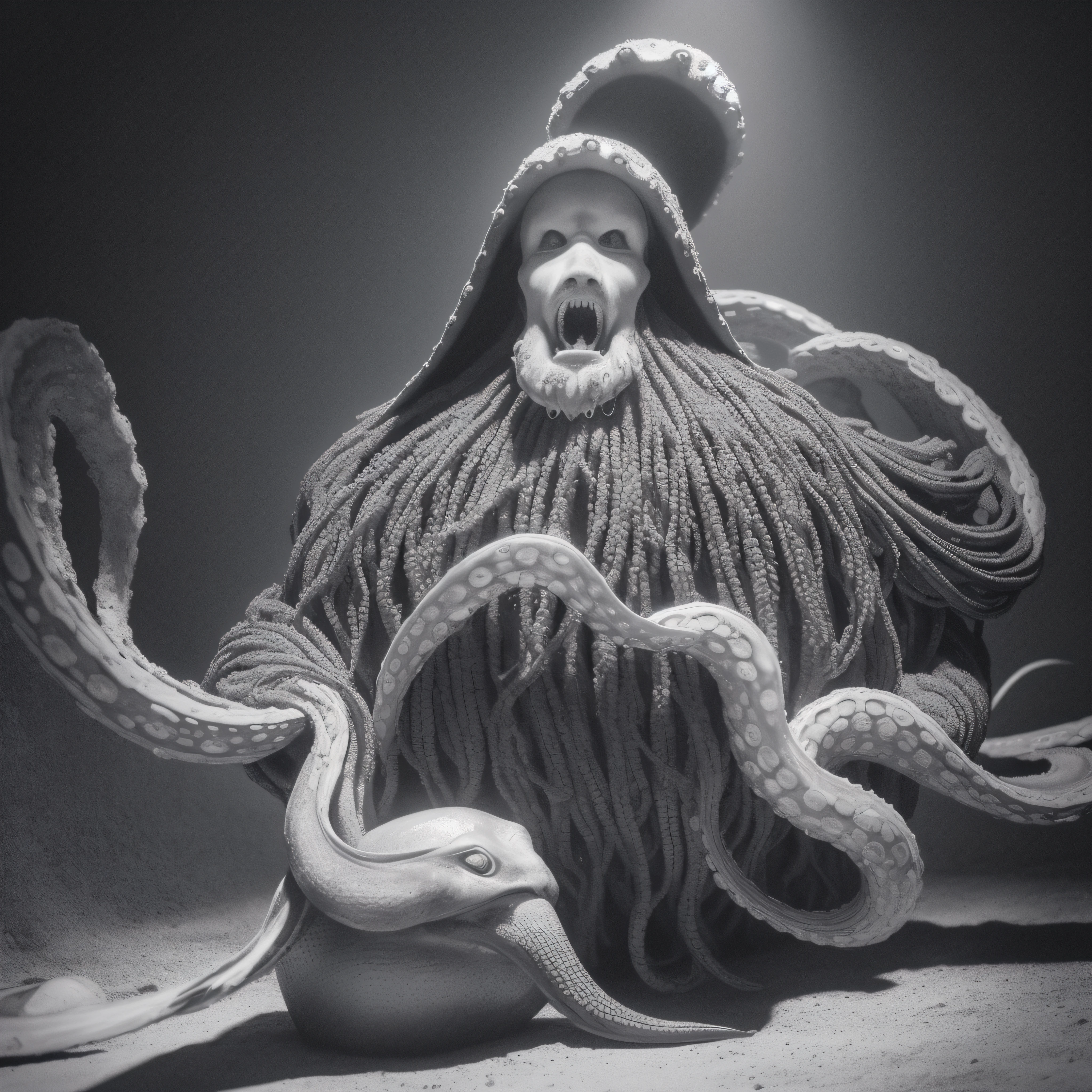 (extremadamente detallado, obra maestra, La mejor calidad), Estilo oscuro, intense illumination, rostro con arrugas, lengua larga, tentacle, deforme, monstruoso, interior de una piscina de agua verdosa, imagen submarina, alien con Colmillos finos, pico de pulpo amenazante. manchas de tinta. Rococo composition. Luz de caravaggio