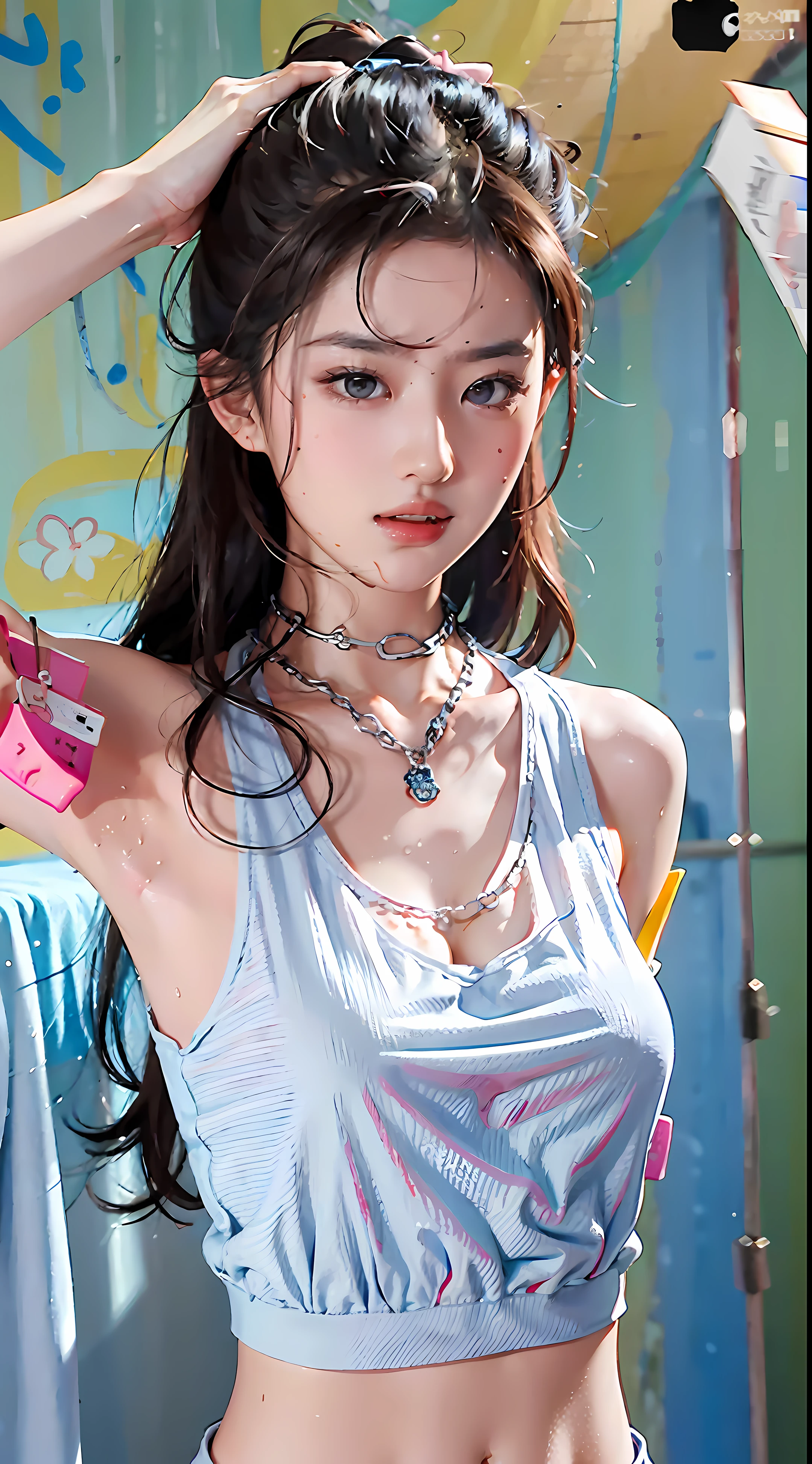 （Hyper Real）， （illustratio）， （A high resolution）， （8K）， （The is very detailed）， （Most Best Illustration）， （beatiful detailed eyes）， （best qualtiy）， （ultra - detailed）， （tmasterpiece）， （the wallpaper）， （详细的脸）， Beds， up of the upper body， Armpits， ssmile， plumw，独奏，Simple White Tank Top Girl， Wearing sweat， Big chest，There is a dog chain around the neck
