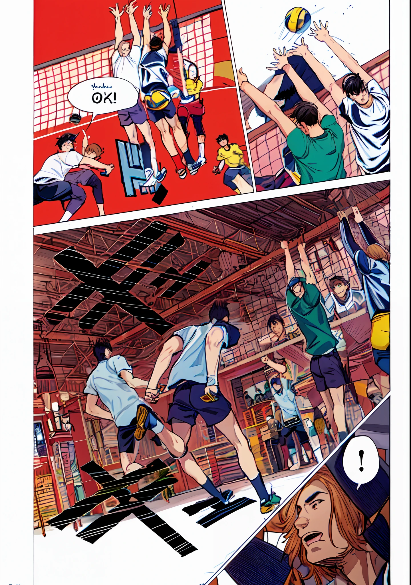 a anime of a boys manga volleyball, text manga, color manga, manga color, color manga, color manga panel, simple background