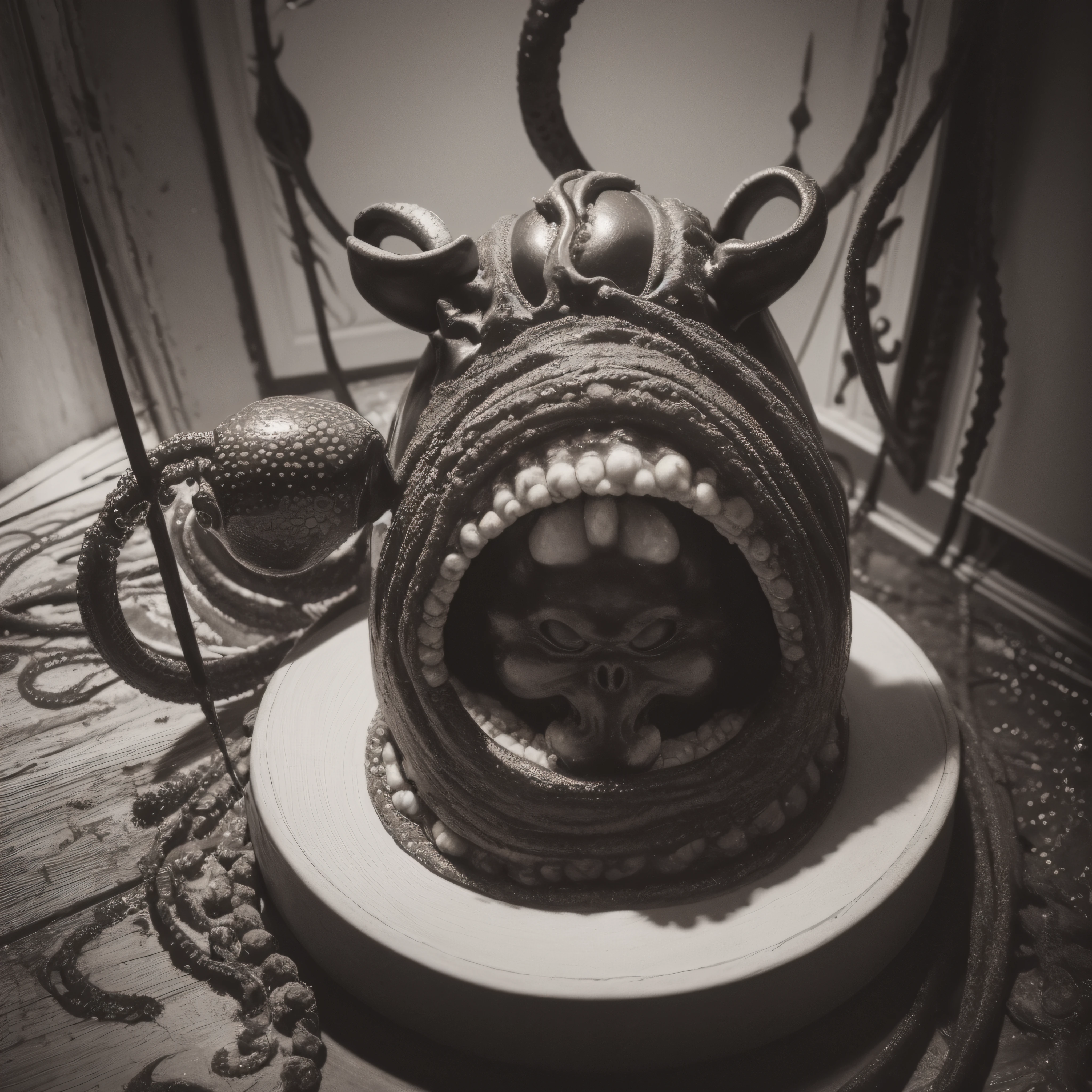 (extremadamente detallado, obra maestra, La mejor calidad), Estilo oscuro, intense illumination, rostro con arrugas, lengua larga, tentacle, deforme, monstruoso, interior de una piscina de agua verdosa, imagen submarina, alien con Colmillos finos, pico de pulpo amenazante. manchas de tinta. Rococo composition. Luz de caravaggio
