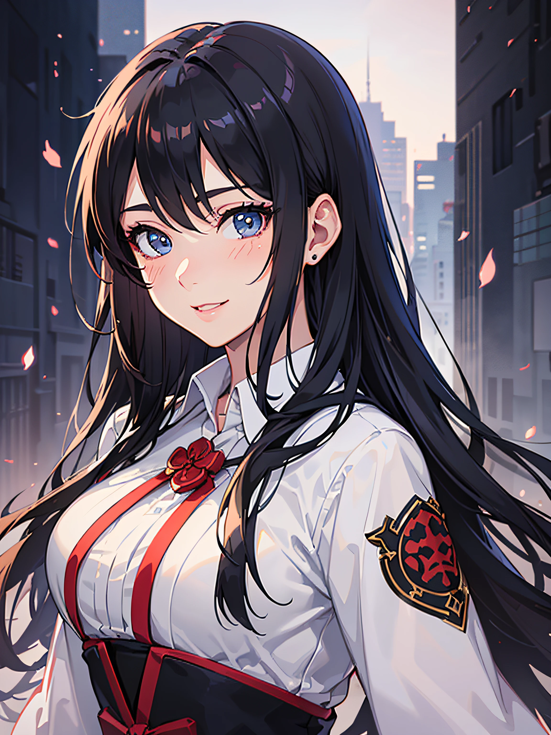 (ultra-detailed, highres, beautiful face, detailed face), (realistic texture:1.2), 1girl, 1women, solo, ethereal beauty, 8k uhd, 8k wallpaper, (smooth effect:1.2), smooth anime CG, (detailed eyes, beautiful eyes, perfect eyes:1.4), red eyes, long hair, slightly wavy hair, black hair, detailed hair, parted bangs, anime style, japanese characters, long black coat, (white shirt:0.8, black skirt), (breasts:1.4), 20 years old, older sisters, magic effect, simple backgroud, fire, magus, RTX, looking at viewer, (blushing:1.2), beautiful, beautiful anime girl, (detailed face:1.2), showcase, (photorealistic:1.2), beautiful smile, (perfect body, busty)