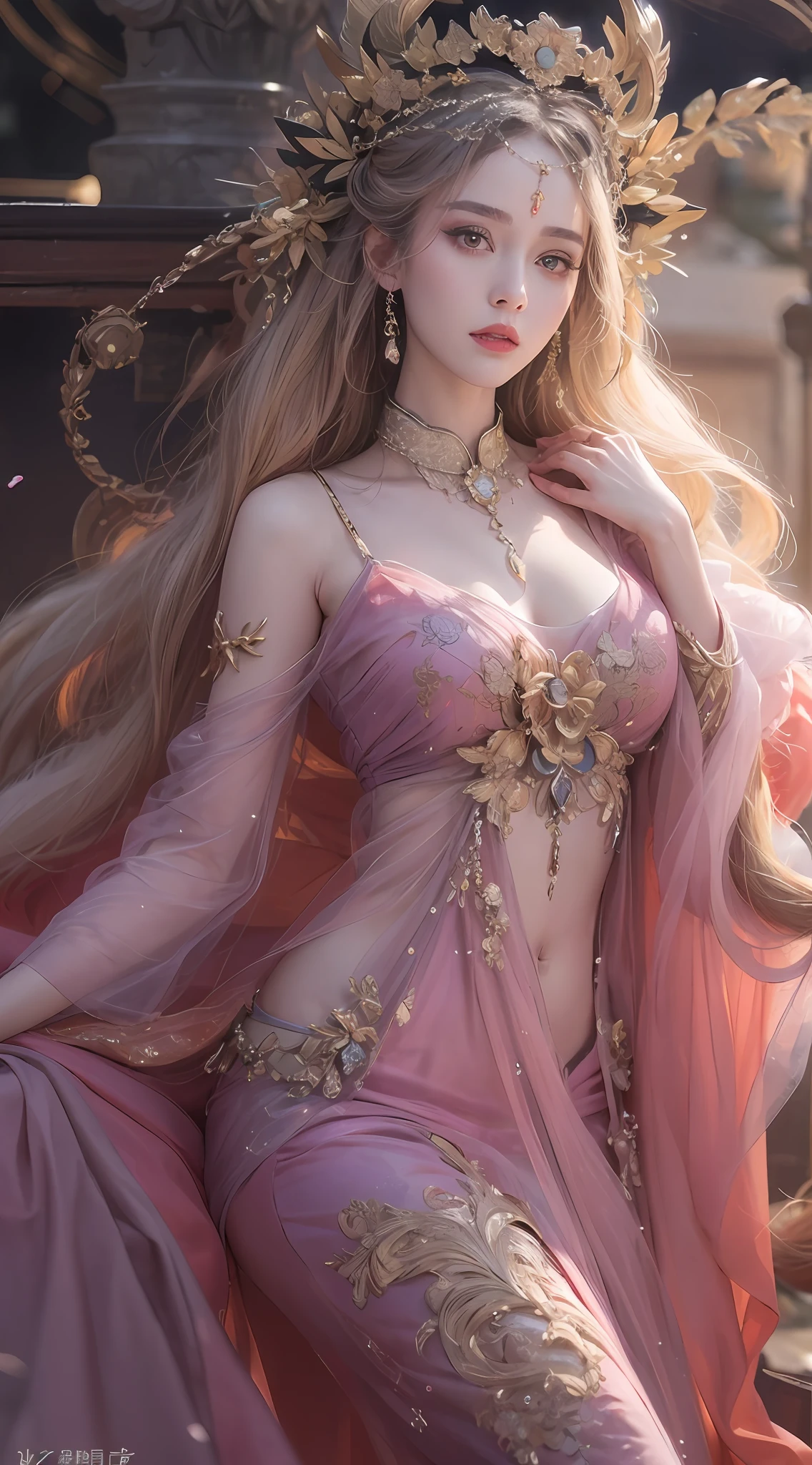 1 20 year old girl, 1 Goddess Athena, Pink purple silk dress, The beautiful goddess Athena had no blemishes on her face, Delicate yellow dressing gown, Beautiful sequin long nightdress,Paired with lots of sexy black lace details, 1 Thin red silk cloth half veil, The legend of the female saint, Female saint idol, Beautiful goddess style glitter, Dark and mysterious version, Little Goddess Crown, Zhu lips, Exquisite and beautiful Pino details, Delicate and beautiful lip details, , (Pure and flawless face: 1.9), Female saint body, Round chest, Big and round breasts, Phoenix brooch, Changping bangs, (7 colors of rainbow colors: 1.9), Tattoo of piebald on the forehead, Beautiful clear face and well-proportioned eyes, (transparent yellow eyes: 1.8), (Big round eyes and makeup, Very beautiful and delicate hair makeup, Delicate long blonde hair, Delicate, Body image: 1.8), figure: vivid vibrant, (The stars that make up the sky: 1.7), (The sky of heaven and the door of imaginary time and space: 1.8), Fictional art, RAW photos, hanfu photos, best photos, high resolution, Best quality, best photos, Best goddess quality, 8K women, Super 8 Single Saint Portrait, truest color scheme, Masterpieces, Best Beauty Brand, The best hair accessory, Live-action photos of the brand, Dark Studio, Border light, Two-tone lighting, (Rose white skin: 1.4), (High skin detail: 1.1), 8K, Ultra HD, d DSLR cameras, Soft light, 8K, High quality, candid, The volume is smooth and sharp, 10x pixel increase, Sexy goddess, Sexy goddess, (background space: 1.8), (The most beautiful aurora eye: 1.7), Beautiful eyes, The aurora is beautiful and in full bloom, (Beautiful single girl: 1.8), (More details:0.8),