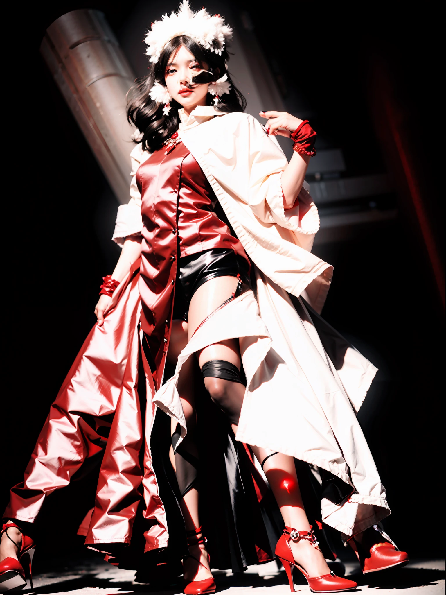 girl in her twenties, (short black hair,chin length hairstyle) , (red color eyes, realistic eyes,) long dress black and red color, pearl accessories, white sparkling shoes, black background, 8k, high quilty, realistic, canon 1:1, 50 mm size, 3d, shadow, Ultra HD quality