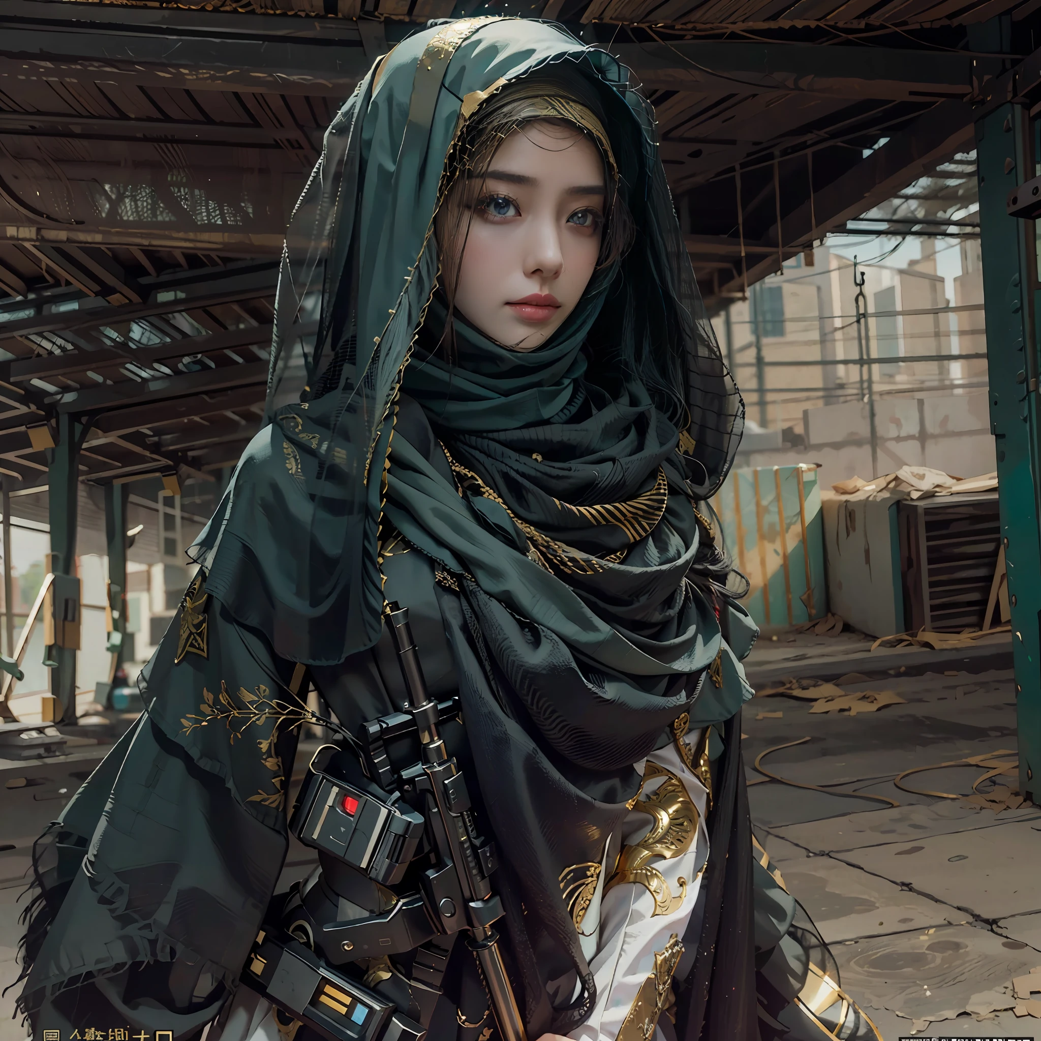 in a panoramic view，photorealestic，cyber punk style，Blue sky, Endless golden desert，Military base in the desert，3girl，Wear a high-tech burqa in black Arabic style（Burqa），Dressed in gorgeous gold Arabian high-tech clothing，Wearing a black high-tech headscarf（hijabi sluty），Black high-tech veil（niqab），High-tech combat equipment hangs on the body，Carry a sci-fi rifle，Sci-fi Saber，Standing in front of a military base，Sharp eyes，professinal，Meistwick，commissioned，best qualtiy，color corrected，After fixation，Retouching，Improvement，Epic，Tone-mapping，the detail， highly  detailed， digitial painting， art  stations， Conceptual map of the long dam， Smoothness， Sharp focus， Beautiful illustration， photore， The light from the back window is backlighted， 动态照明， Mist， 复杂， cinematic grain， professinal， face to the viewer，（Beautiful m3d_woman， Perfect M3D_face,）， Volumetriclighting， subsurfacescattering， Good highlights， Good shadows， cinematic ligh