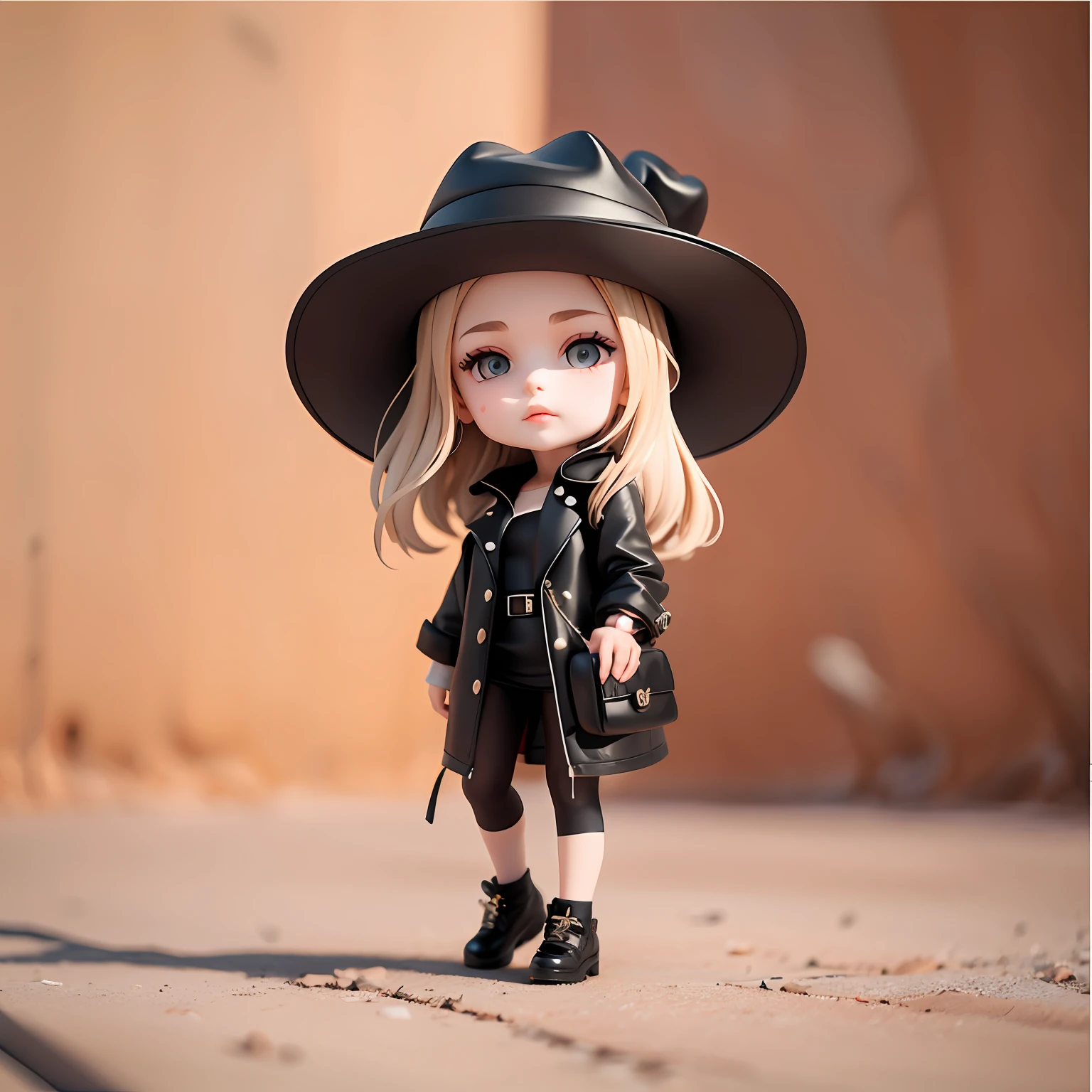 Young girls,Fashionab,Black hat,a black trench coat