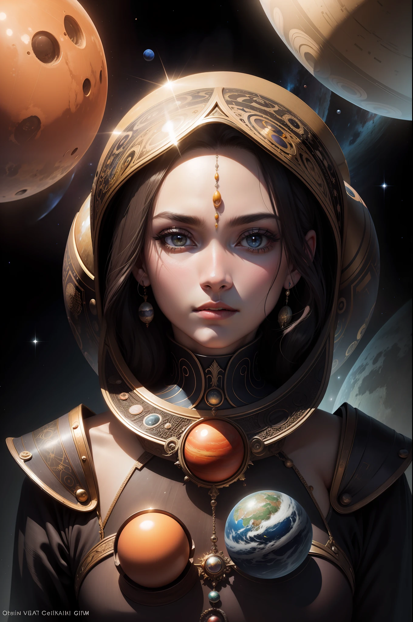 surrealism,Ancient beauty face,Planets of the solar system,Planetary trajectories