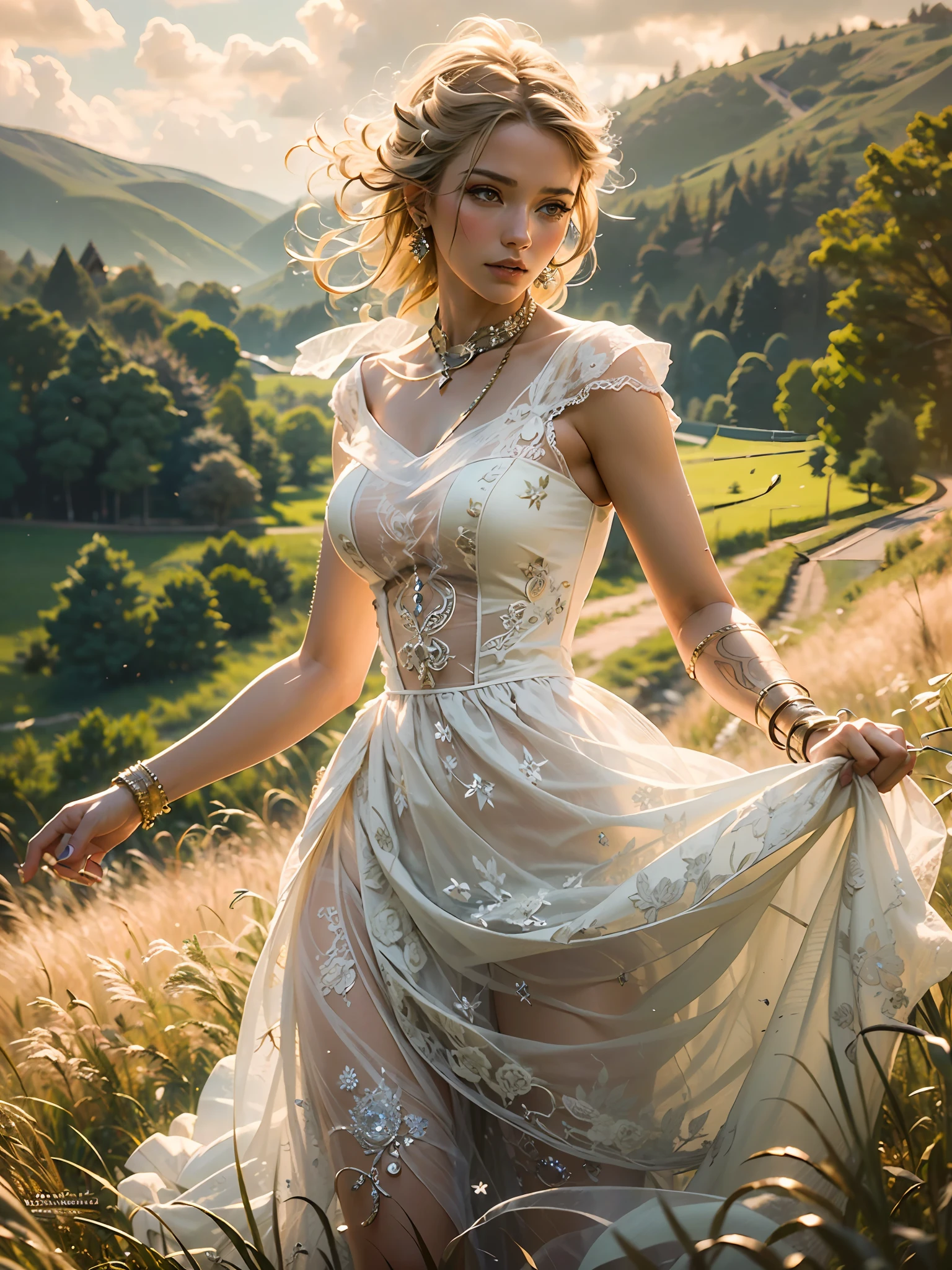 (masterpiece), (best quality), ((ultra-detailed)), (hyperrealistic), (highly detailed photo), cinematic lighting, photorealistic, extremely beautiful young lady in European countryside, intricate detailed white dress, shining, gloss, crisp, flirty, epic, focus, high contrast, artistic, scenic