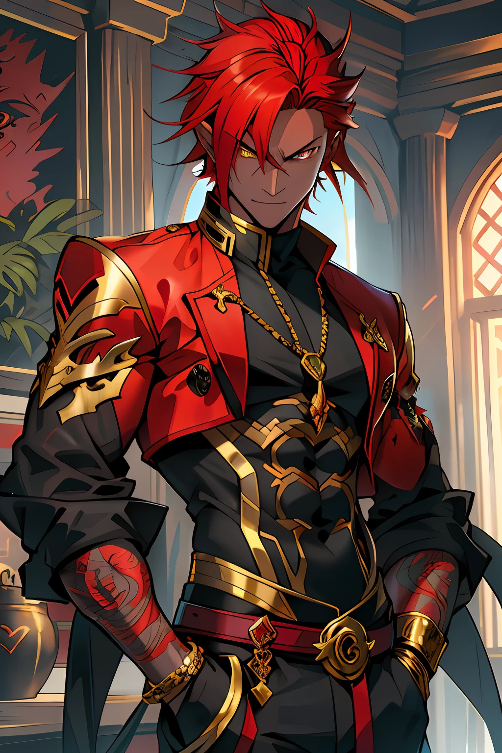 red tinted hair,Dragon male,Golden pupils,short detailed hair,Evil charm,Lazy,black-skinned,Clear facial details,Hands in pockets,Clothes in red and black colors,Dragon Knight