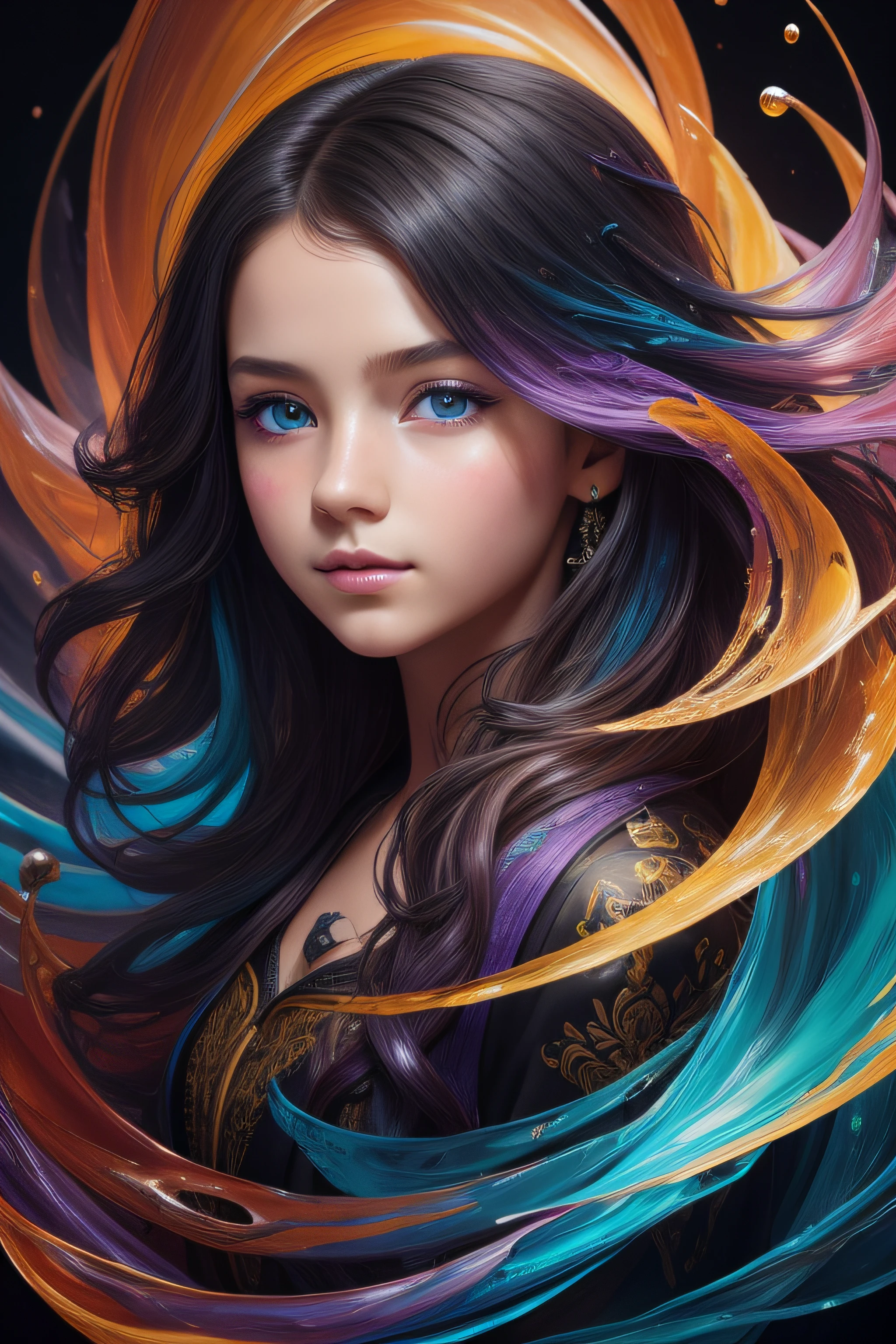 Colorful beautiful girl: a giru 8-years old, messy hair, oil painting, nice perfect face with soft skinice perfect face, blue yellow colors, light purple and violet additions, light red additions, intricate detail, splash screen, 8k resolution, masterpiece, cute face,artstation digital painting smooth veryBlack ink flow: 8k resolution photorealistic masterpiece: intricately detailed fluid gouache painting: by Jean Baptiste Mongue: calligraphy: acrylic: watercolor art, professional photography, natural lighting, volumetric lighting maximalist photoillustration: by marton bobzert:, complex, elegant, expansive, fantastical, wavy hair, vibrant