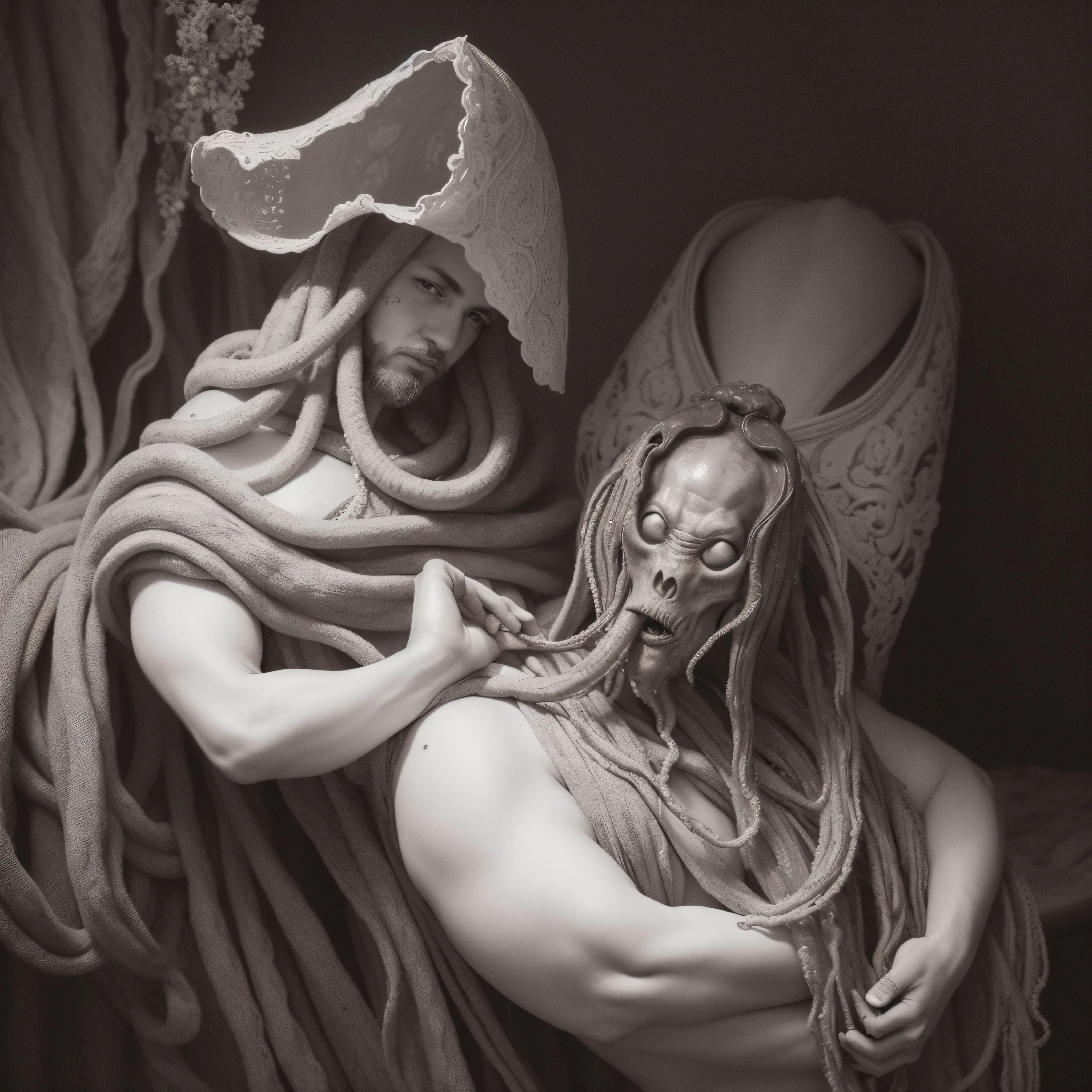 (extremadamente detallado, obra maestra, La mejor calidad), Estilo oscuro, intense illumination, rostro con arrugas, lengua larga, tentacle, deforme, monstruoso, interior de una piscina de agua verdosa, imagen submarina, alien con Colmillos finos, pico de pulpo amenazante. manchas de tinta. Rococo composition. Luz de caravaggio