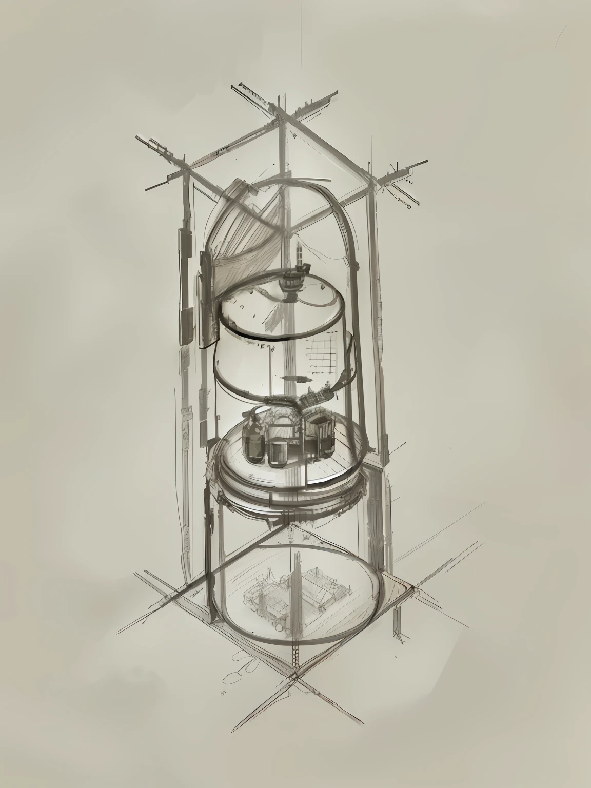 "Ultra-detailed SCP artifact tank，Sketch，technical sketch，concept art sketch，Concept illustration，prop design，2-point perspective，symmetric form exploration，Bottle of old sketch and sketch of a table，concept sketches，conceptual drawing，object concept art，1-point perspective of architectural concept"