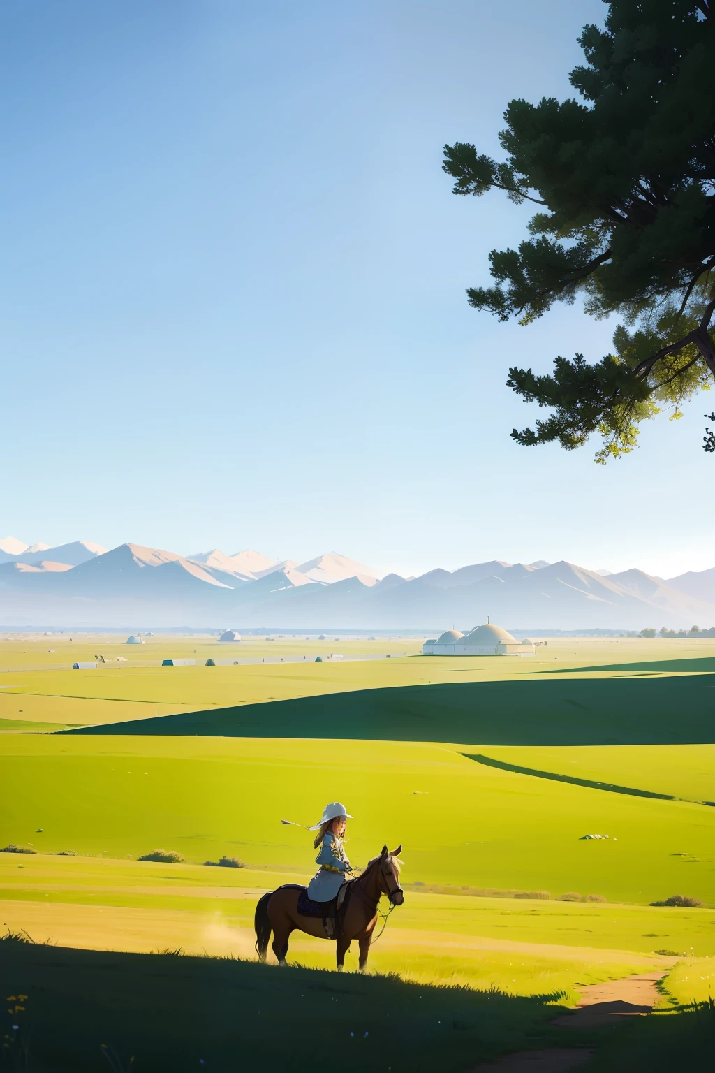 Endless grasslands，sunny clear sky，White yurt，A young girl on horseback smiled in the distance