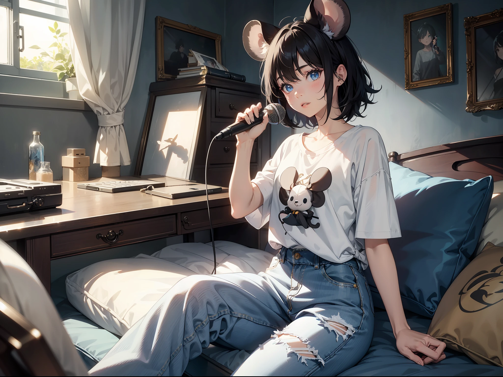 Masterpiece, Best quality,Girl with tangled mouse ears,holding microphone in hand,Sitting on the bedside,with short black hair,Realisticstyle,White T-shirt,blue denim pants,Inside the shabby room,The mouse's eyes glow;