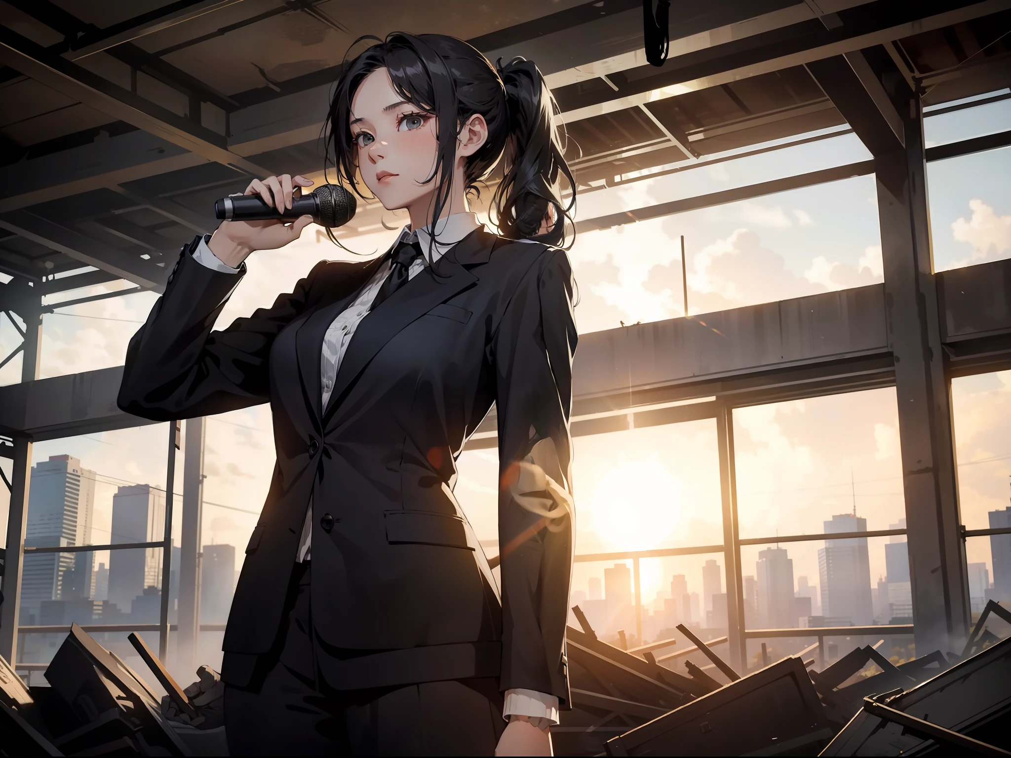 Masterpiece, Best quality,1 female journalist，Wearing a black suit，Wavy ponytail hair，holding microphone in hand，Stand in front of a dilapidated building，Sideways，The setting sun shines on you，