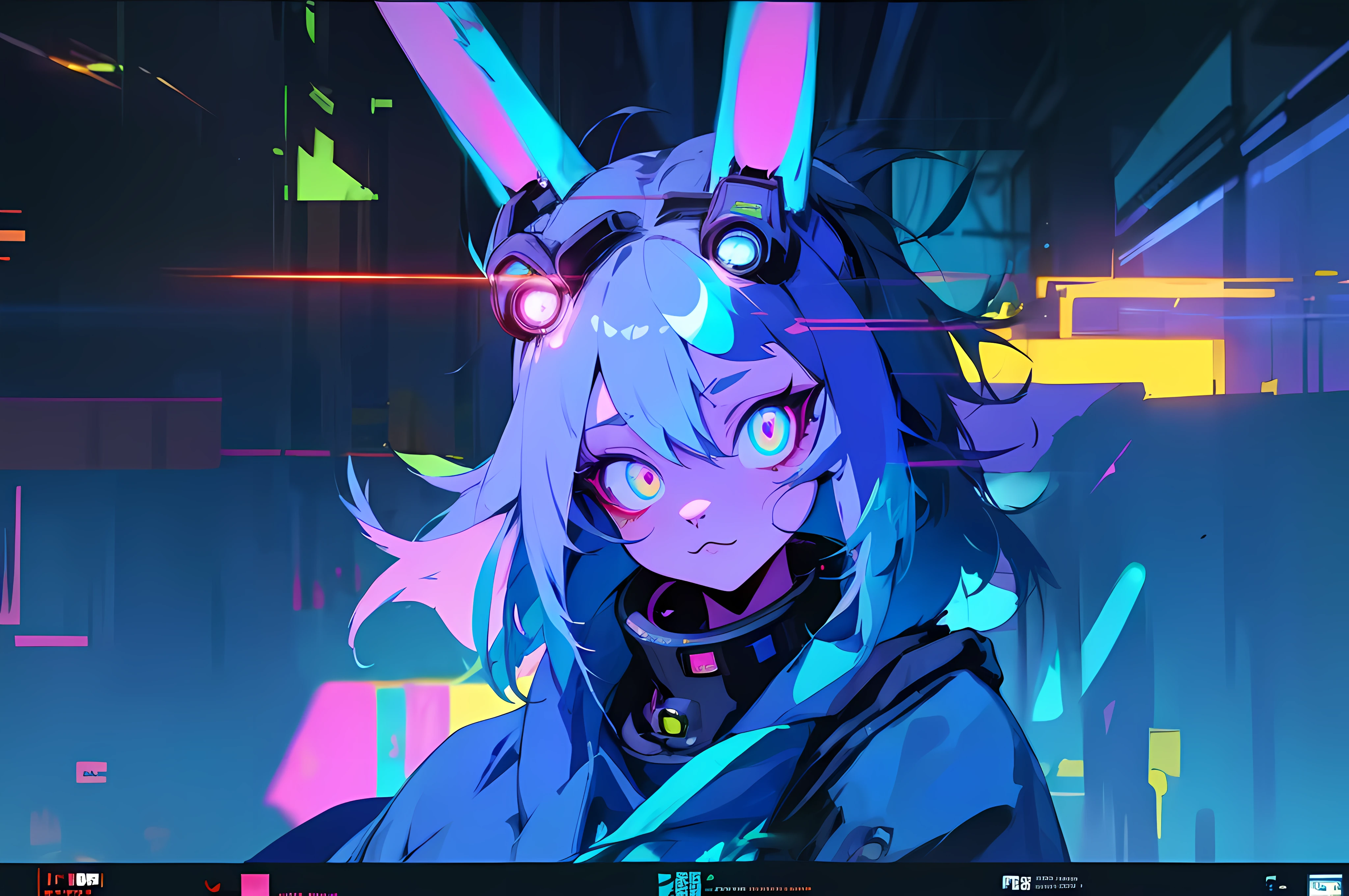 (vintage vhs), (crt screenshot), (Zen, Amy Sol style), (((blue anthro kemono furry rabbit))), underground cavern shining flashlight in old ruins, scene from a show about a blue anthro furry kemono rabbit who investigates deep space crime, (vast decrepit scenery:1.2) blame! style, nightmarish illustration, glowing eyes everywhere, intense eye contact, hybrid human / anthro, electrixbunny, rabbit anthro portrait, ((portrait)), bunnypunk, weirdcore voidpunk fursona, wearing bunny ears, cover art with light abstraction, abstract, simple vector art, contemporary Cybernetic art, color gradients, soft color palettes, layered forms, whimsical animation, style Ethereal abstract, 4K, , anime character with futuristic hair and glowing eyes in a dark room, digital cyberpunk anime art, anime style 4 k, digital cyberpunk - anime art, anime mecha aesthetic, digital cyberpunk anime!!, anime cyberpunk art, fully robotic!! catgirl, hyper concept art, cyberpunk anime girl mech, portrait anime space cadet girl, wearing cybernetic bunny ears , anime character with futuristic hair and glowing eyes in a dark room, digital cyberpunk anime art, anime style 4 k, digital cyberpunk - anime art, anime mecha aesthetic, digital cyberpunk anime!!, anime cyberpunk art, fully robotic!! catgirl, hyper concept art, cyberpunk anime girl mech, portrait anime space cadet girl, wearing cybernetic bunny ears --v6