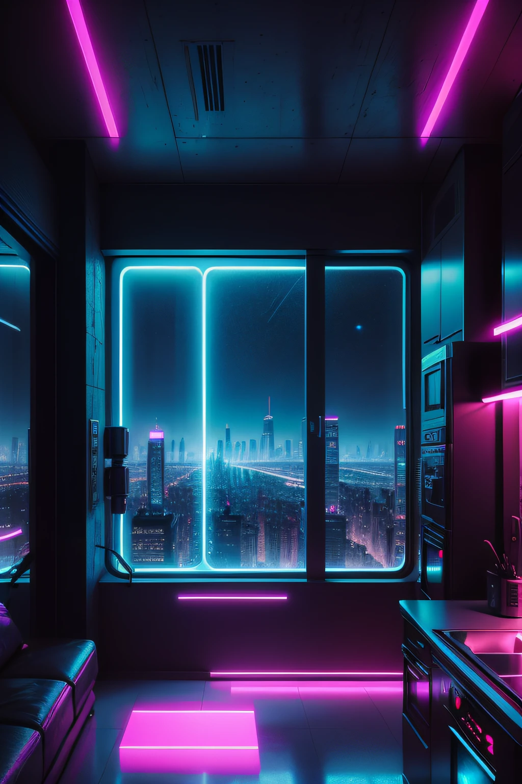 High quality tech cyberpunk-themed rooms,Window with city view,cyberpunk apartment,There are skylights, starry sky, cyberpunk with neon lighting,