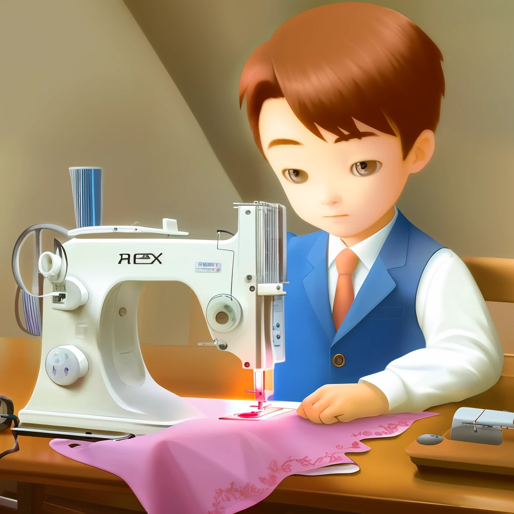 A boy in a blazer sits in front of a sewing machine sewing