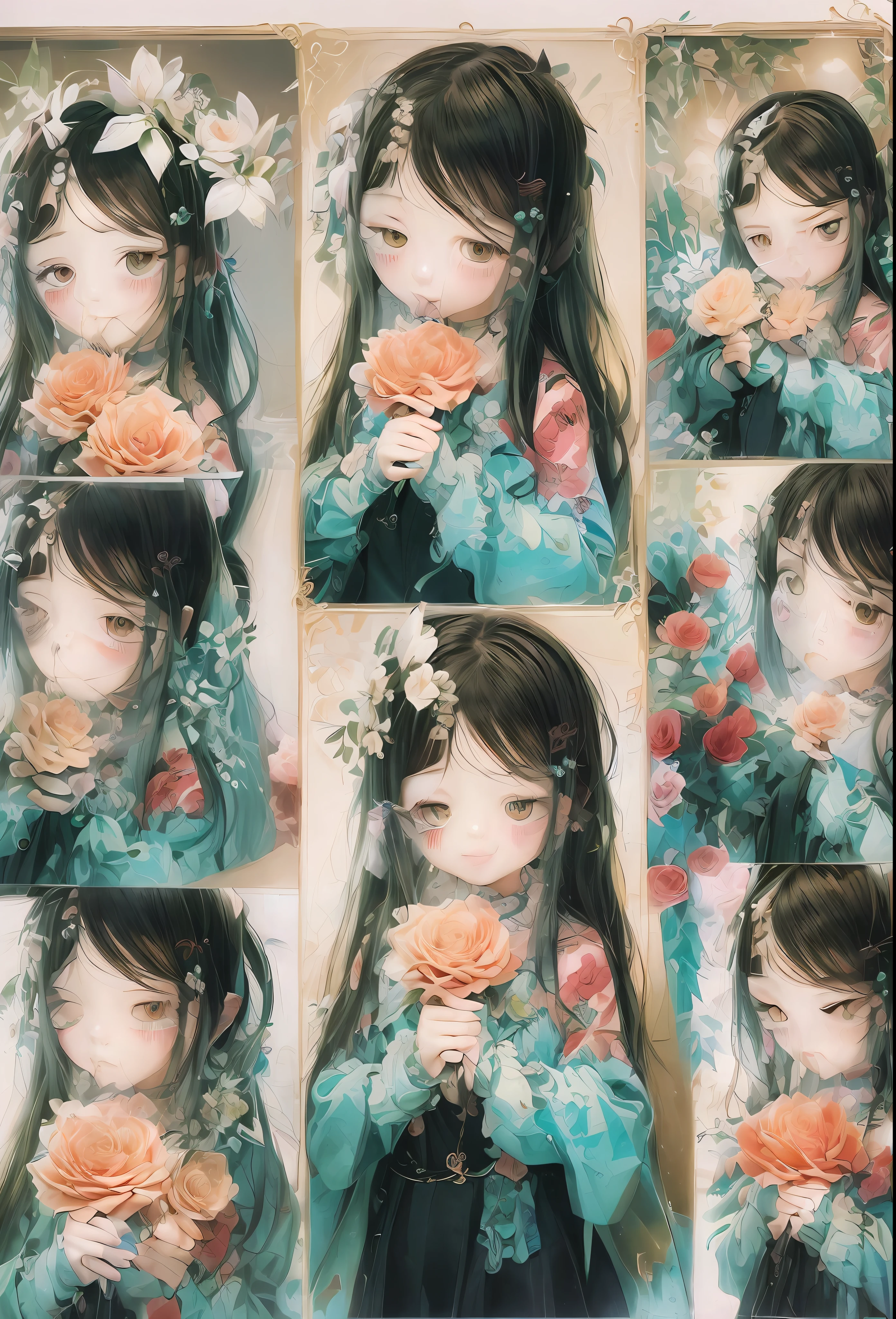 low angles、(catss、😇、A smile、😌🥰Archaic Smile).hyper realstic、Ultra-realistic、Depiction of the human body without distortion、Monna Lisa、Woman in Arms、Near and far law、Three-dimensional、Contemporary painting、moderno、world masterpiece、collection、Homage to the art or artist work of Picasso and Renoir, Not sentimental、Excellent portrayal、Gentle expression、More detailed character faces, Serious competition、Compositions like paintings、(Konmutsuki_Gacha_Series 1, punk_rosette), Realistic、Delicate brushwork、aqua color flowers, (Full body, elegant flowers background)