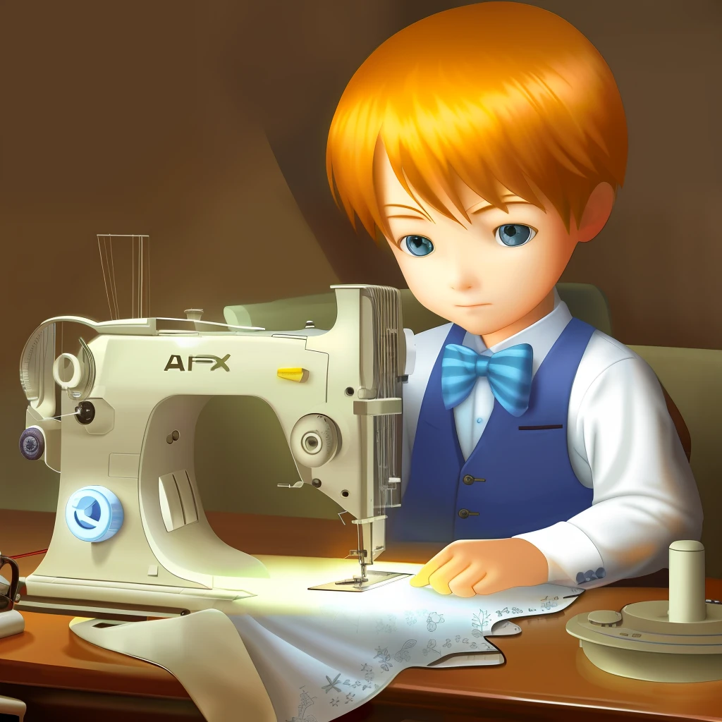 A boy in a blazer sits in front of a sewing machine sewing