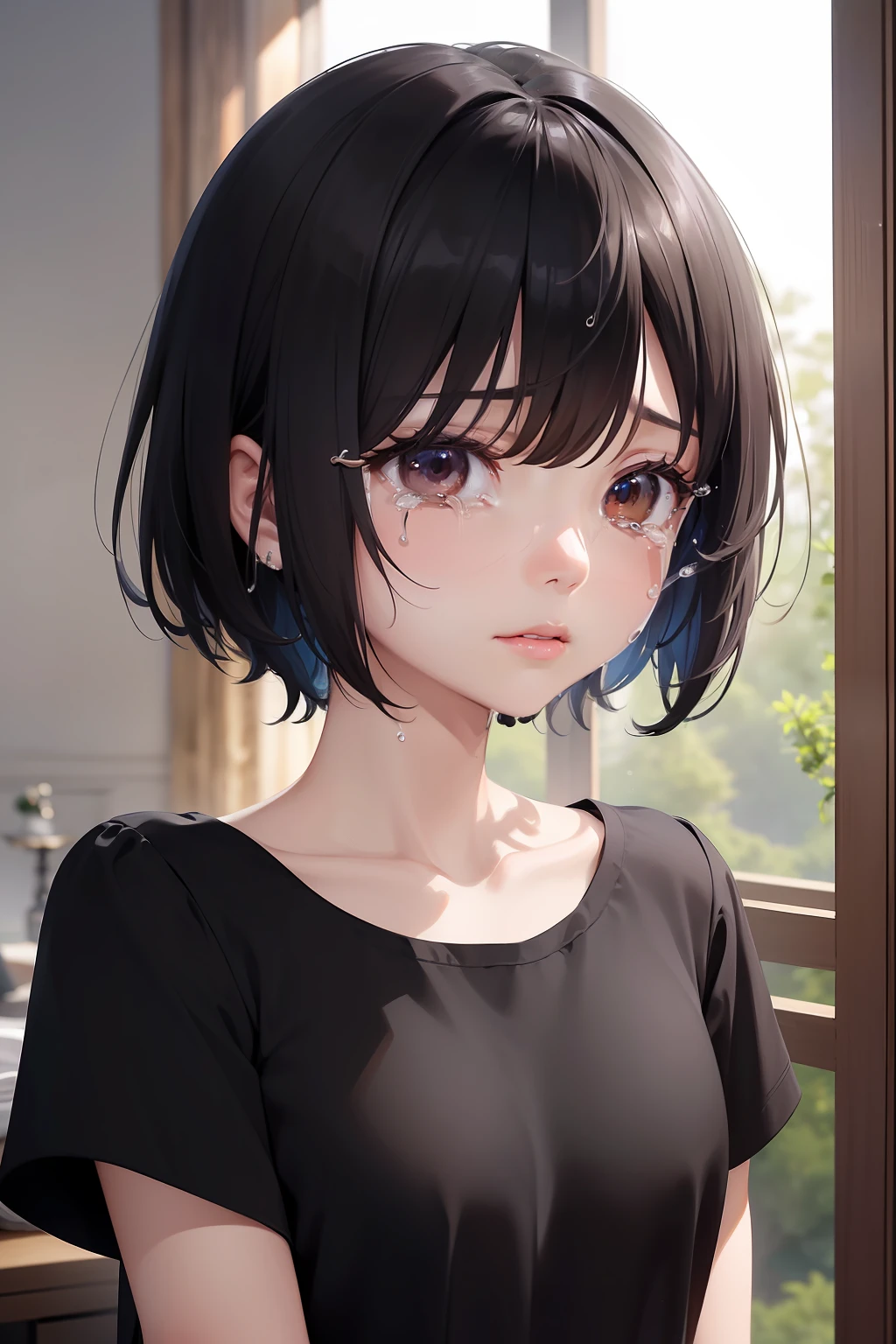(超A high resolution、Photorealsitic、realisitic、top-quality、Photorealsitic)、(8K、Raw foto、top-quality、masterpiece)、(photon maping、physically-based renderingt、auto white balance)、Technical sense、top-quality、masterpiece、illustratio、nffsw、Unity、wall-paper、Official art、astonishing、finely detail、extremely delicate and beautiful、ighly detailed、foco nítido、Rich background、blurry backround、(realperson、a picture)、(((High Detail Skin、Visible Pore)))、(((facial close-up))) (Cute little girl s、sixteen years old、High school students、Loose Black T-Shirt、A dark-haired、Bob Hair)、(((lamentation、mournful、tears)))
