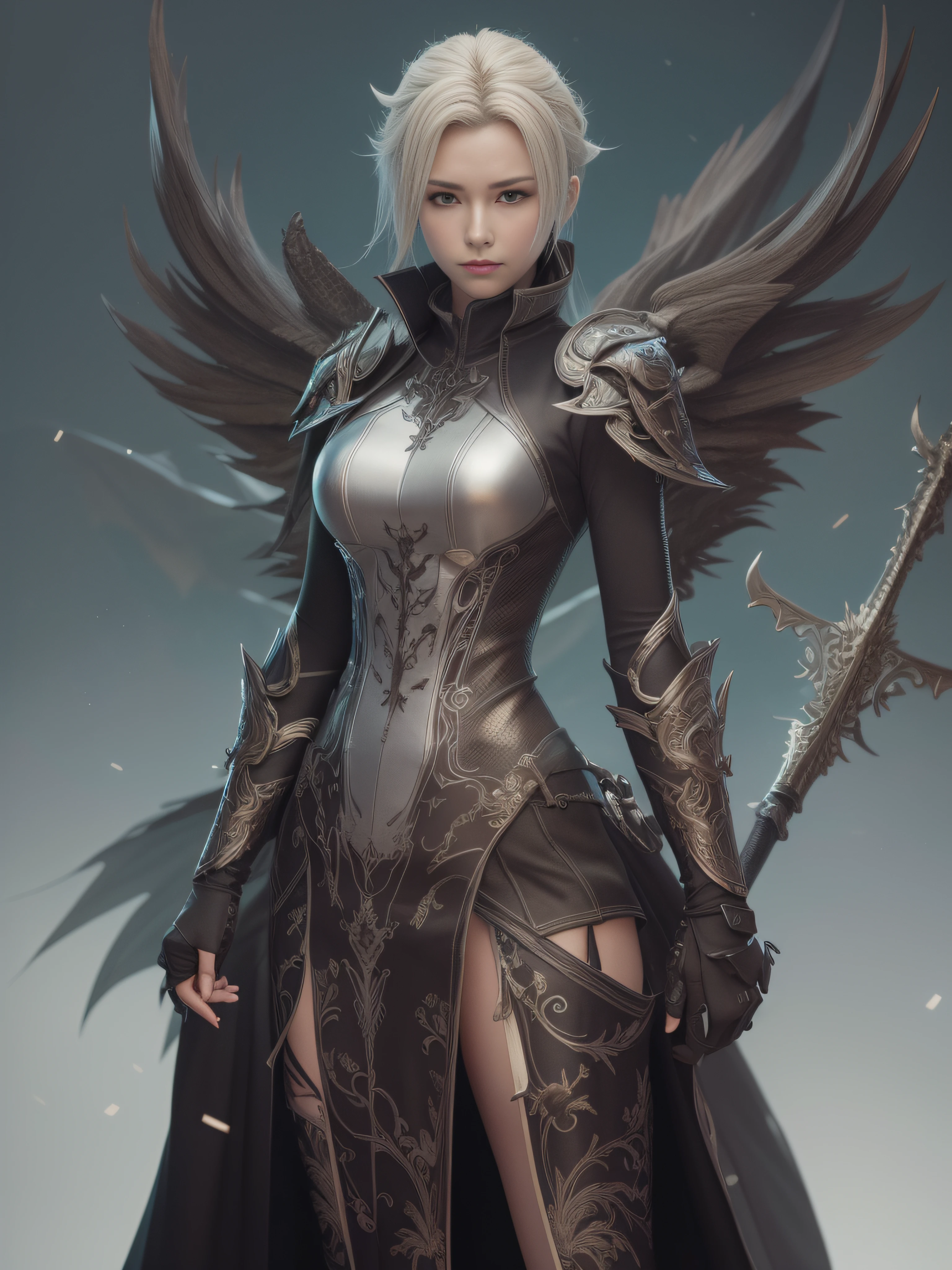 Highest image quality，Outstanding details，超高分辨率，（Fidelity：1.4）, Favor the details，(Final Fantasy XV character Ellania Dragon Knight), Wielding the Fang Tianlong Halberd，Cloak, She has a delicate and beautiful face,Raised sexy，cyber punk perssonage，Futuristic，mechanically aesthetic，Virtual Engine 5，Perfect detail rendering，rendering by octane，hyper HD