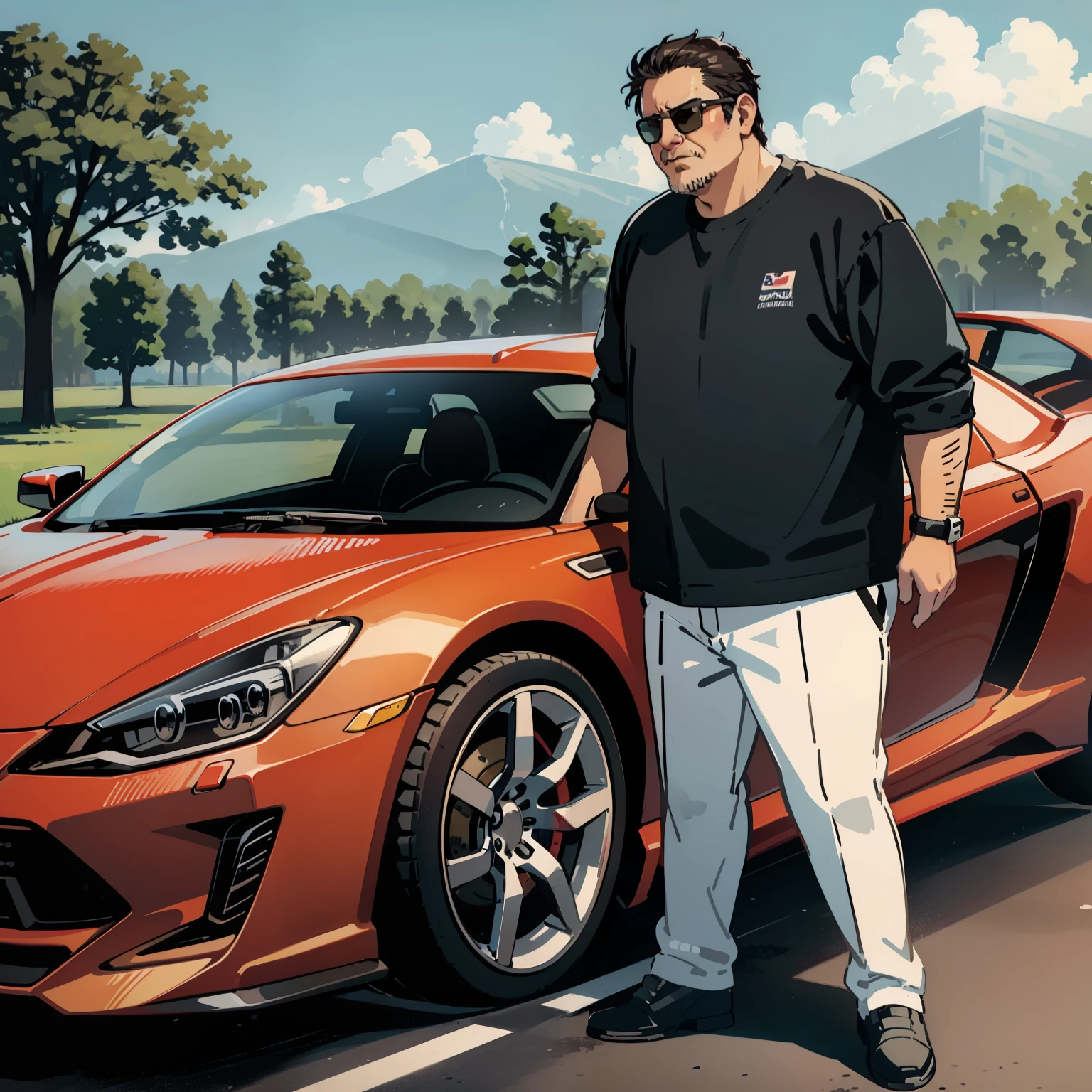 A middle-aged man，fatness，Wearing sunglasses，There was also a sports car parked behind him