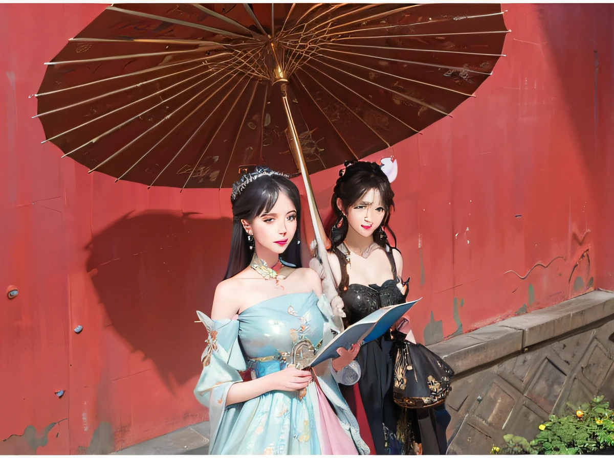 There are two women wearing earrings，Smooth anime CG art，Red Palace corner wall，A reading looking camera，A man with an umbrella looks at the camera，Snowy days，beautiful fantasy empress，3D anime realism，GameCG，4K detail fantasy，intricate ornate anime cgi style，Beautiful character painting，2。5 D CGI anime fantasy artwork